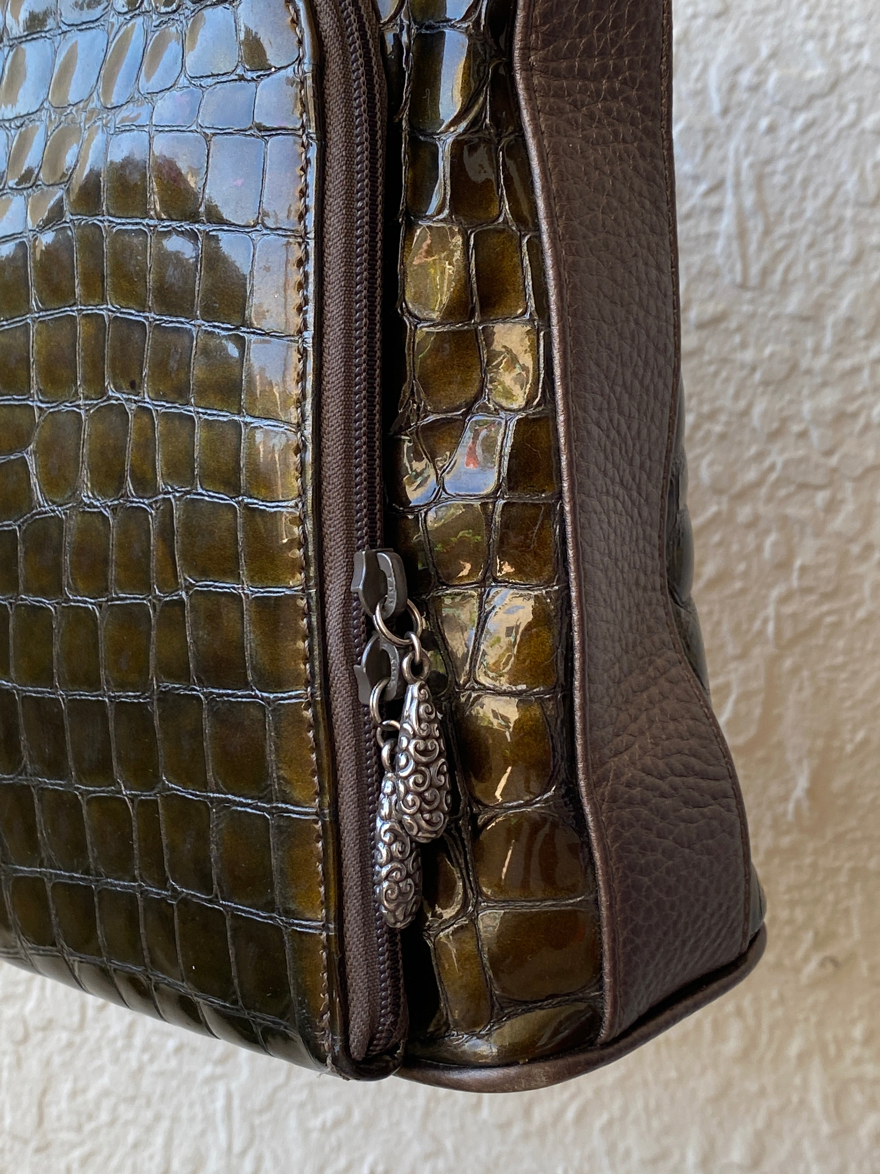 Vintage Brighton Olive Brown Croc Embossed Patent Shoulder Bag