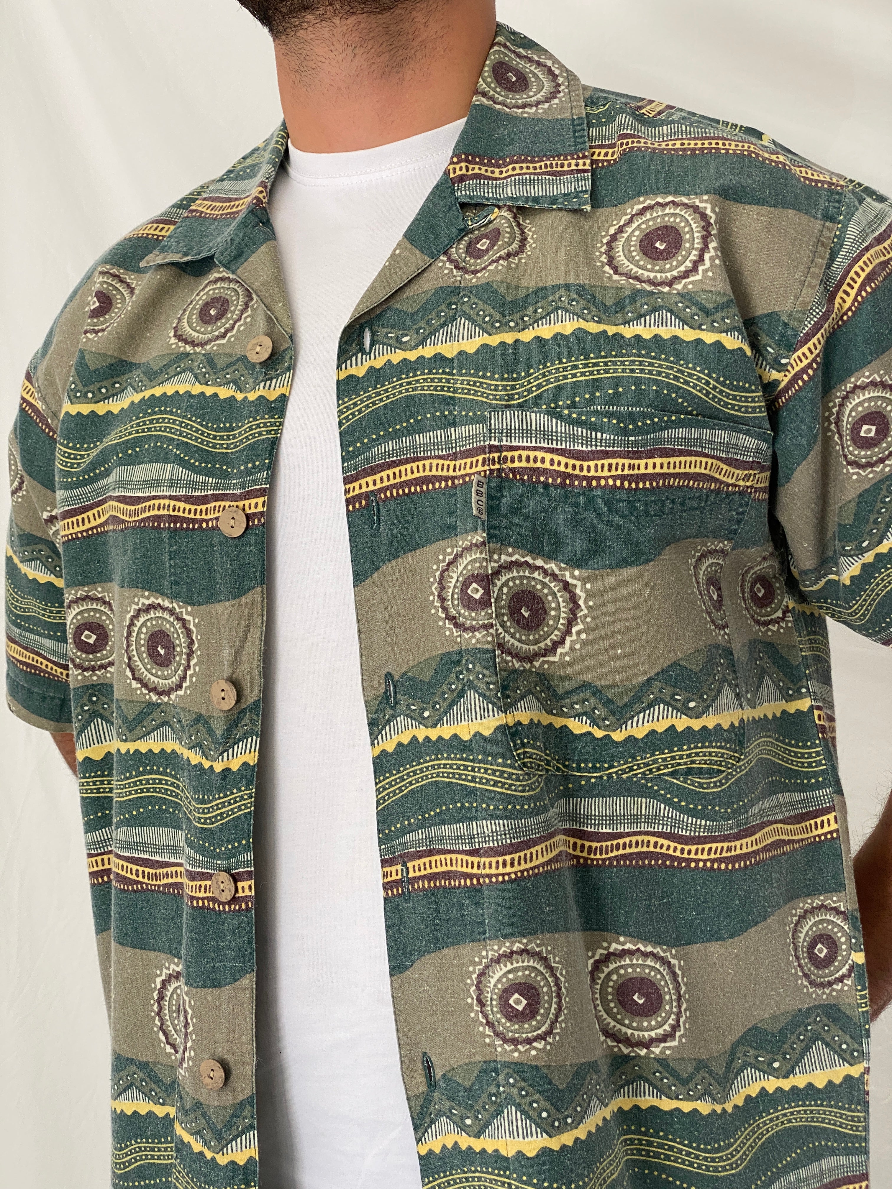 90s Bugle Boy Green Abstract Cotton Ramie Camp Shirt – M