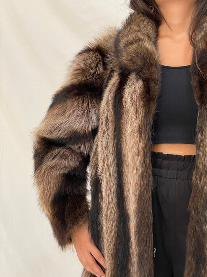 Vintage Real Fur Striped Brown & Black Coat Luxurious Genuine Raccoon Fur Winter Jacket - M