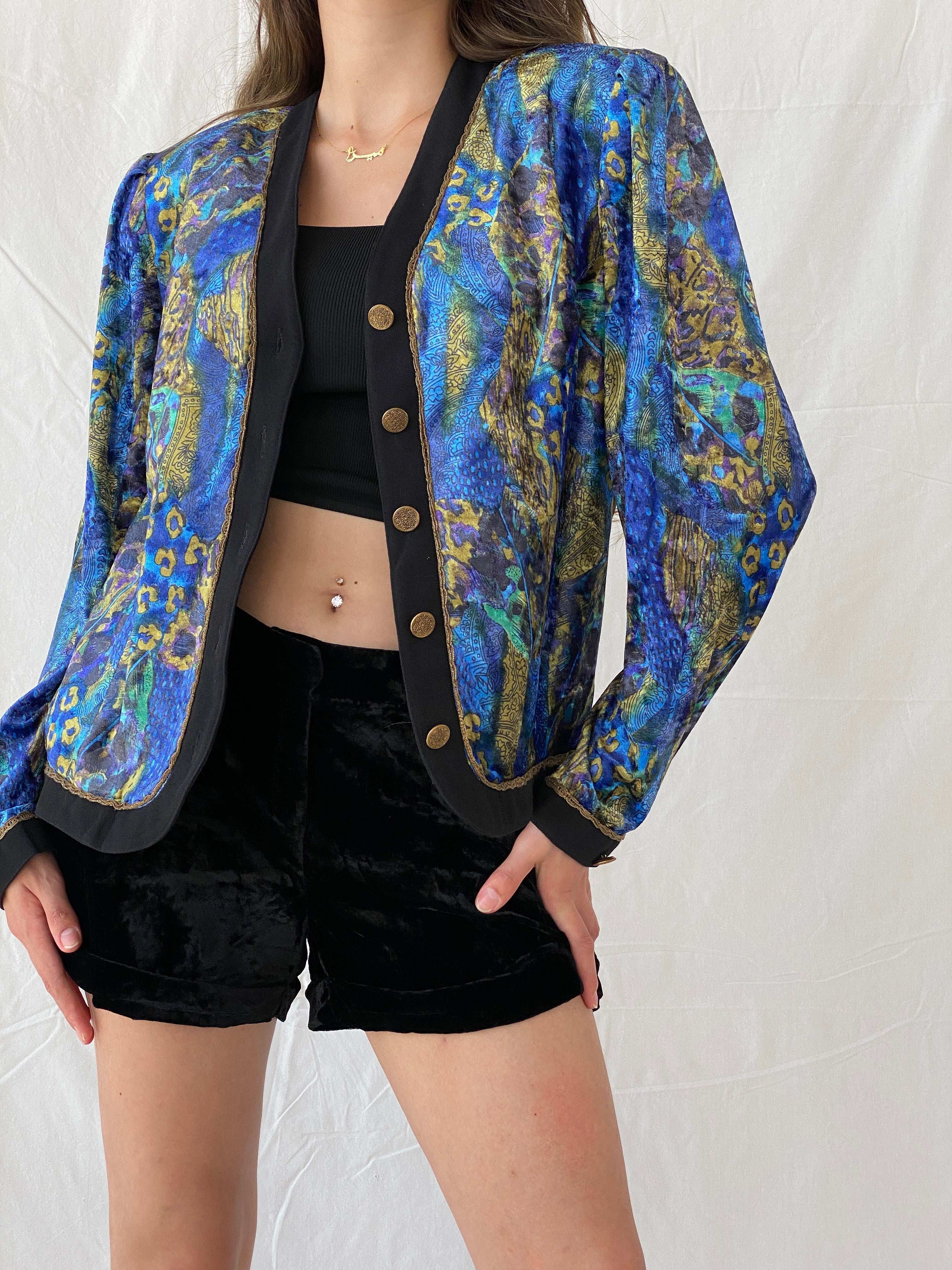 Statement Vintage Paisley Print Velvet Button Front Blazer - L