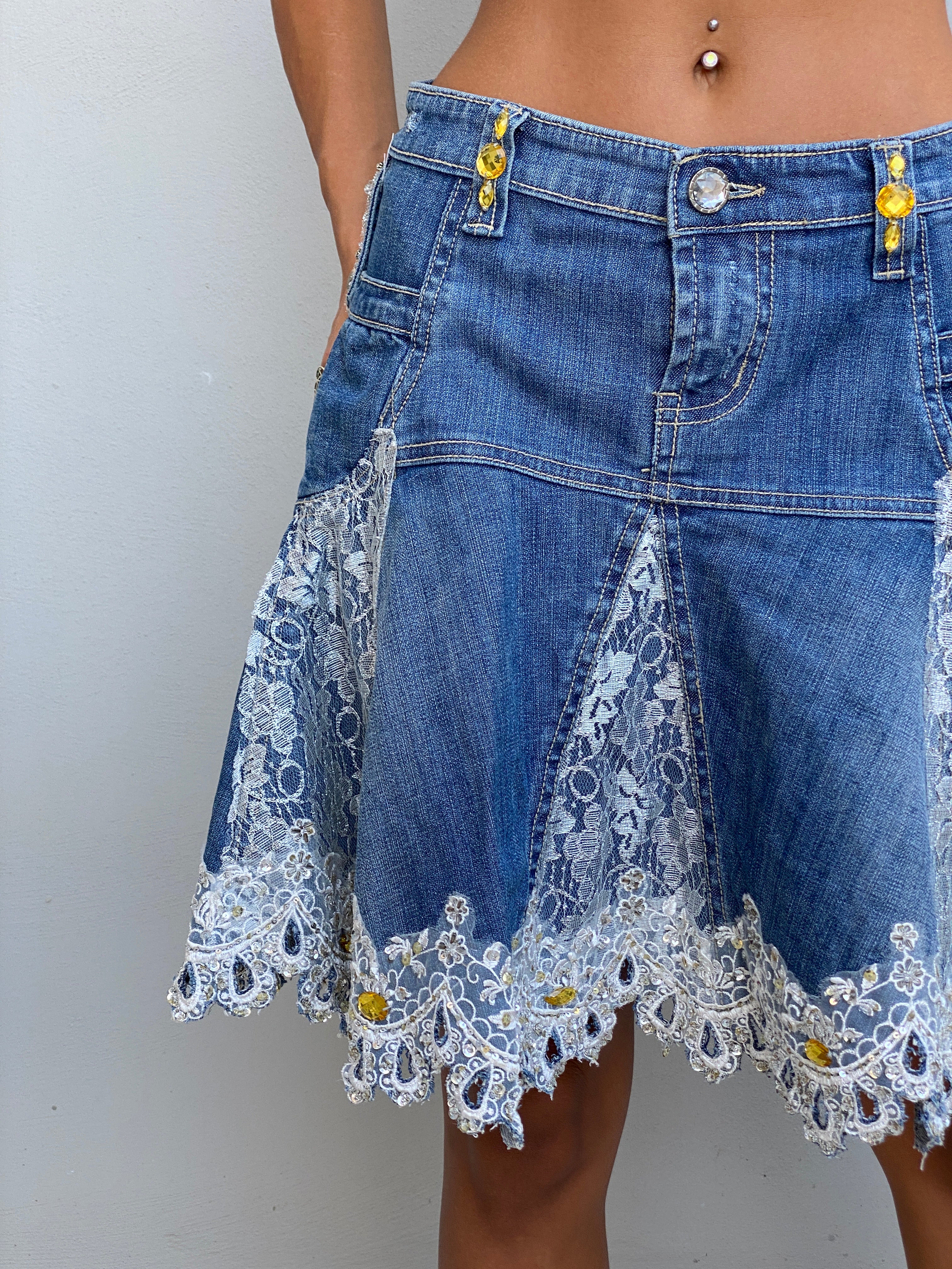 Y2K Rosa & Rose Blue Cotton Denim Lace Rhinestone Flared Skirt – S
