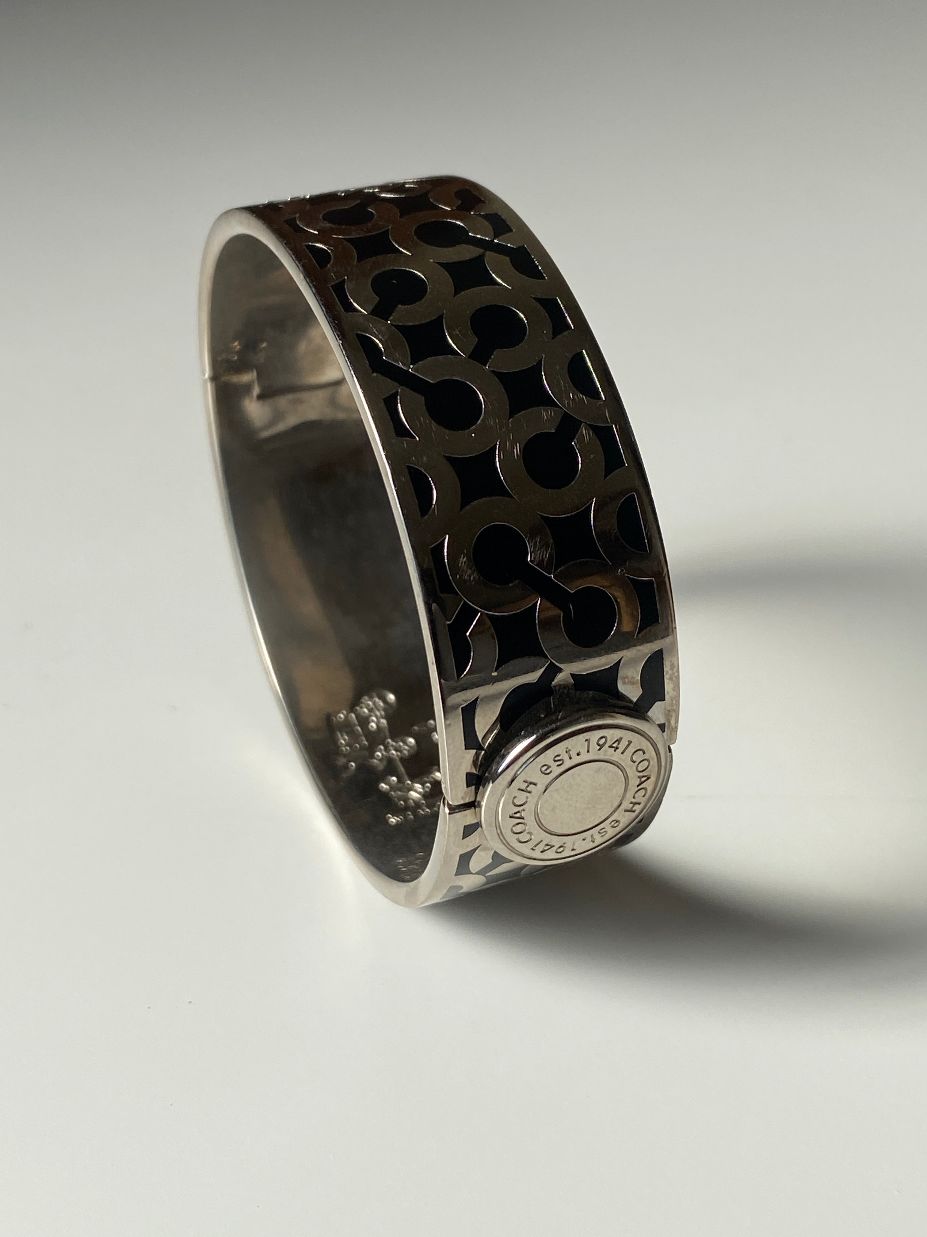 Coach Signature Enamel Logo Bangle Bracelet Silver-Tone Designer Cuff