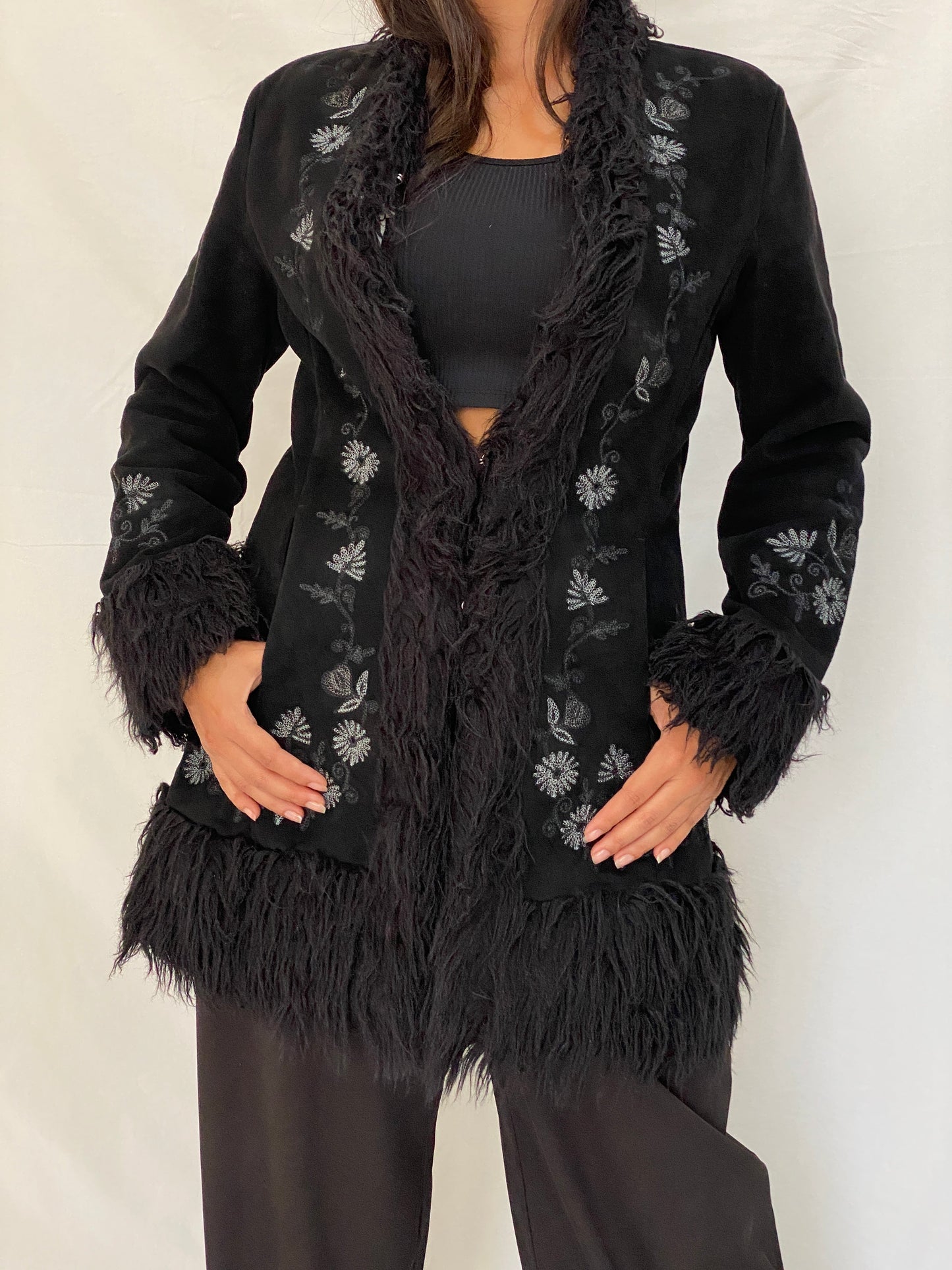 Vintage NEXT Black Embroidered Faux Suede Penny Lane Coat Y2K Boho Shaggy Trim Jacket - M