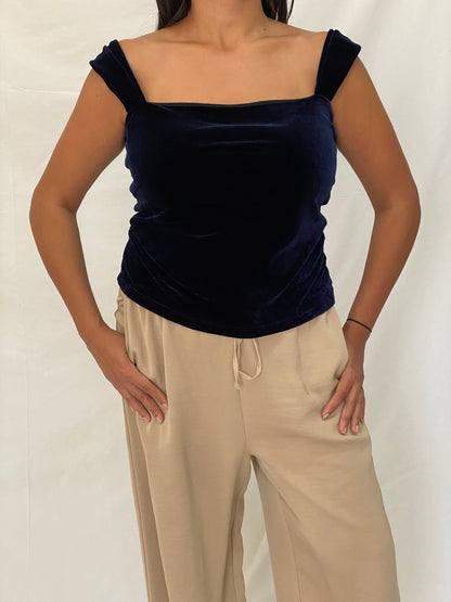 Carla Zampatti Midnight Blue Velvet Evening Off-Shoulder Strap Top - M