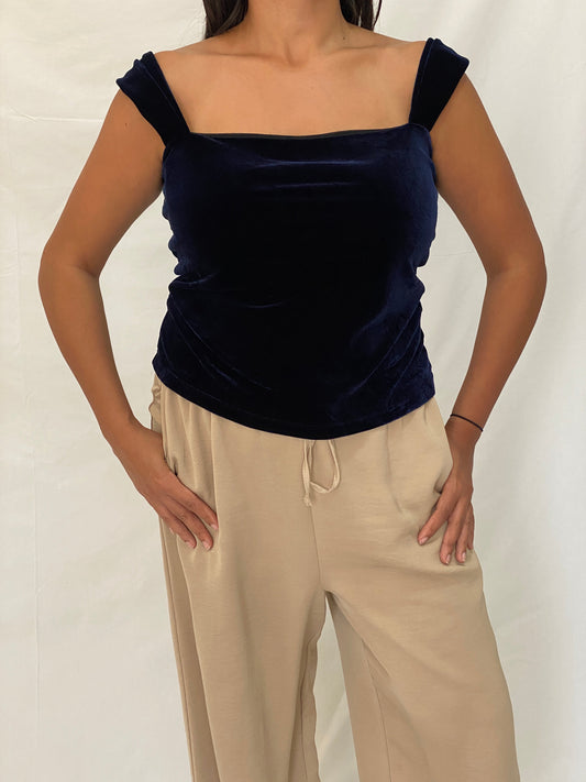 Carla Zampatti Midnight Blue Velvet Evening Off-Shoulder Strap Top - M