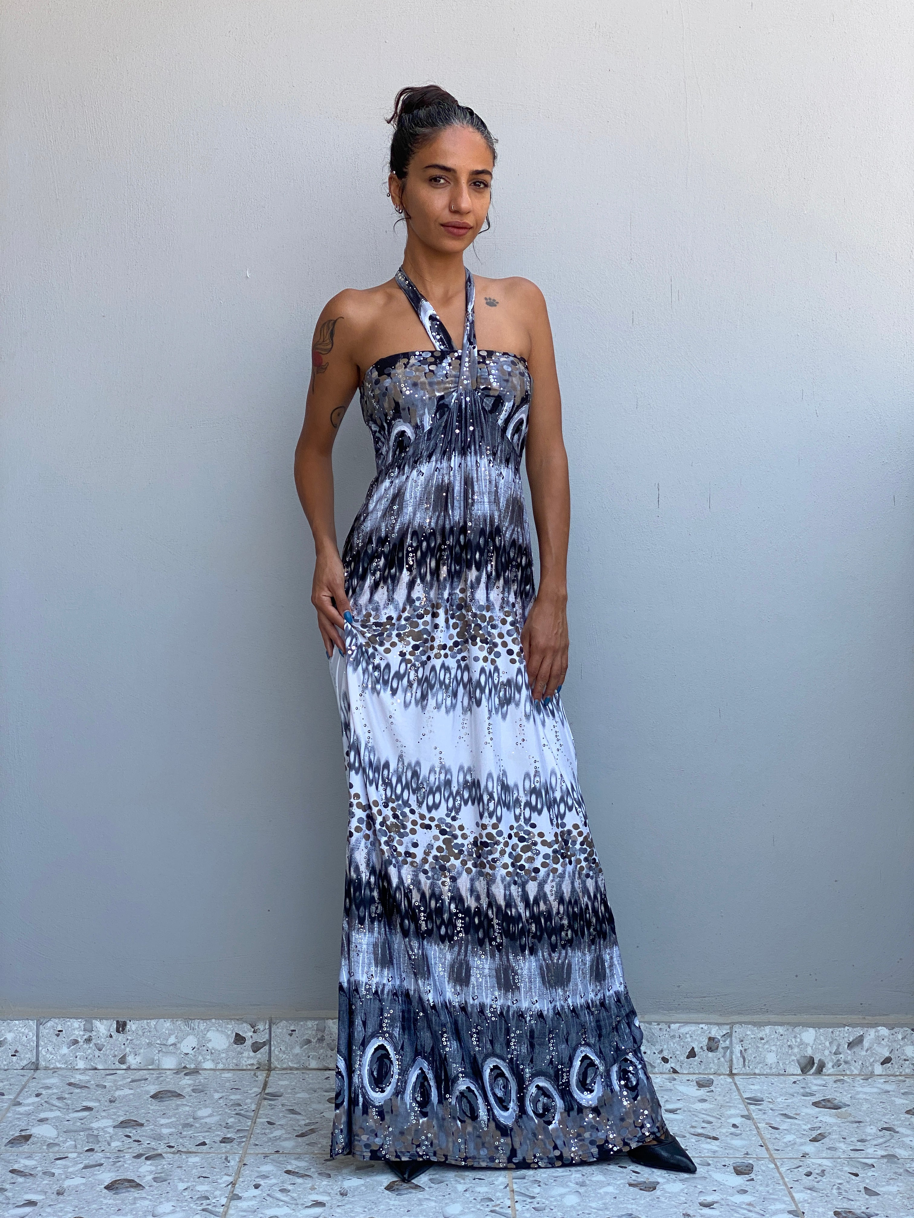 Vintage Y2K Evita Grey Black Sequin Halter Neck Maxi Dress - S