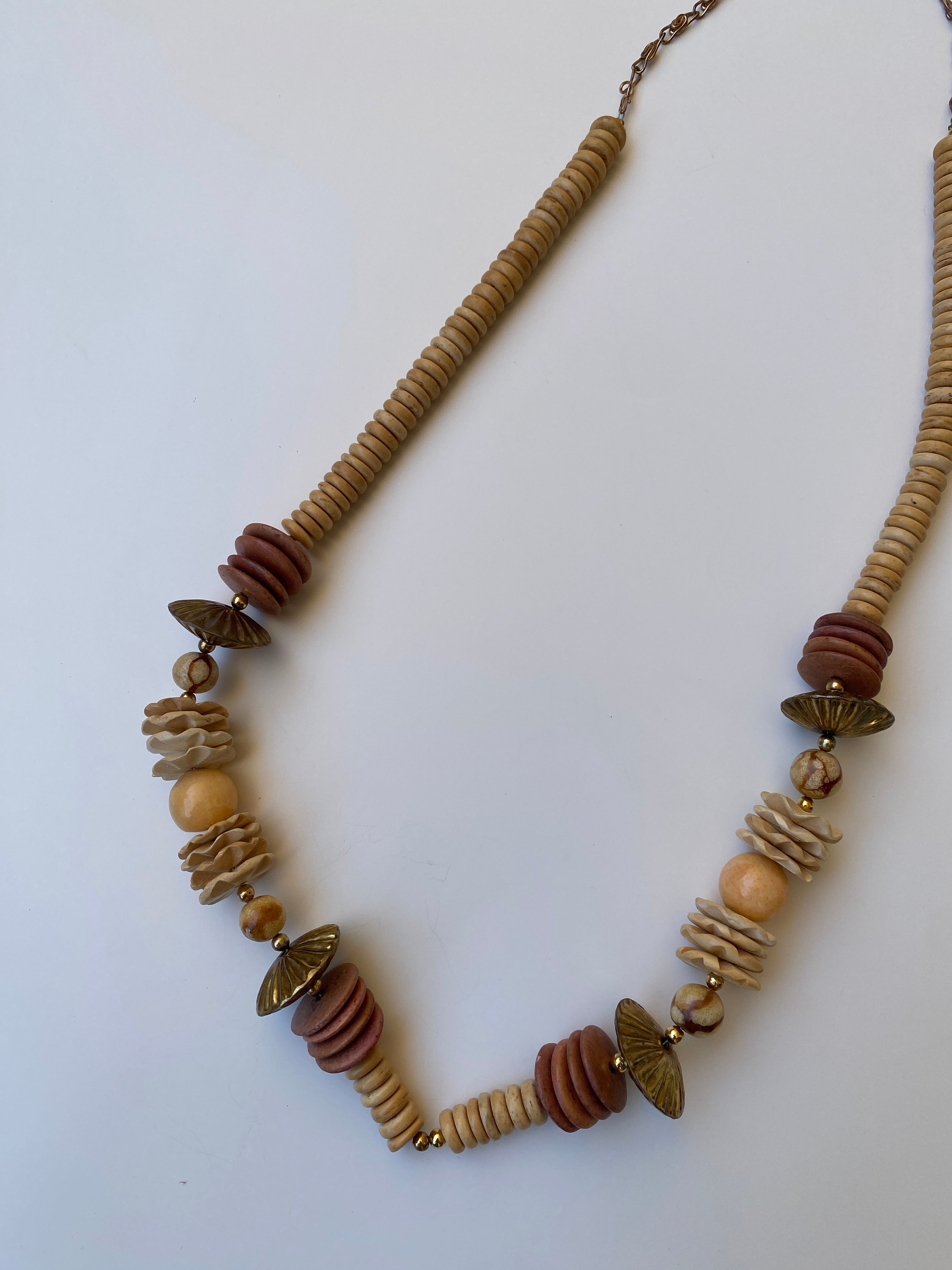 Vintage Earth Tone Beaded Statement Necklace Boho Wooden & Stone Inspired Collar Necklace