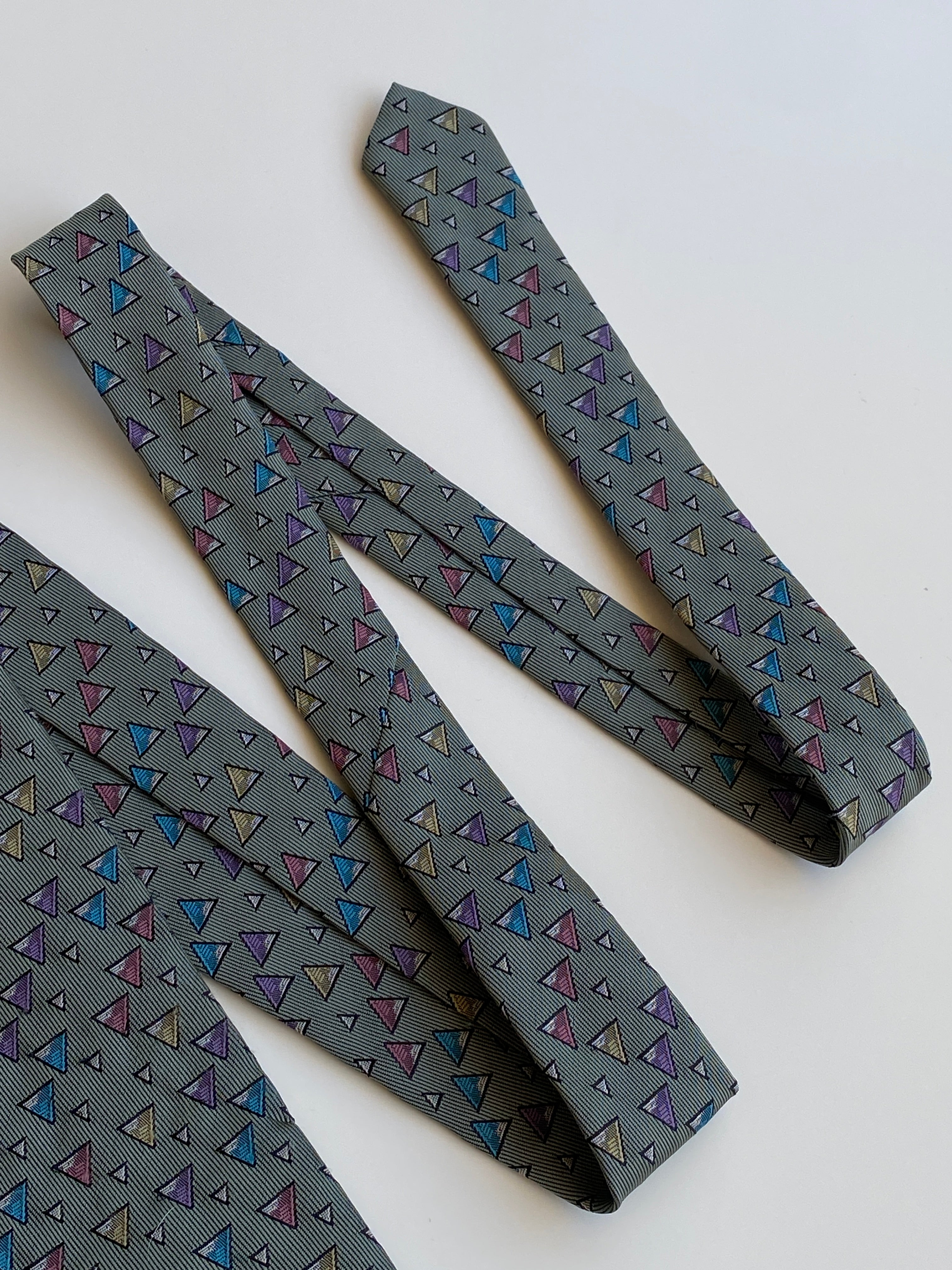 Vintage 1990s Grey Multicolor Geometric Triangle Polyester Necktie