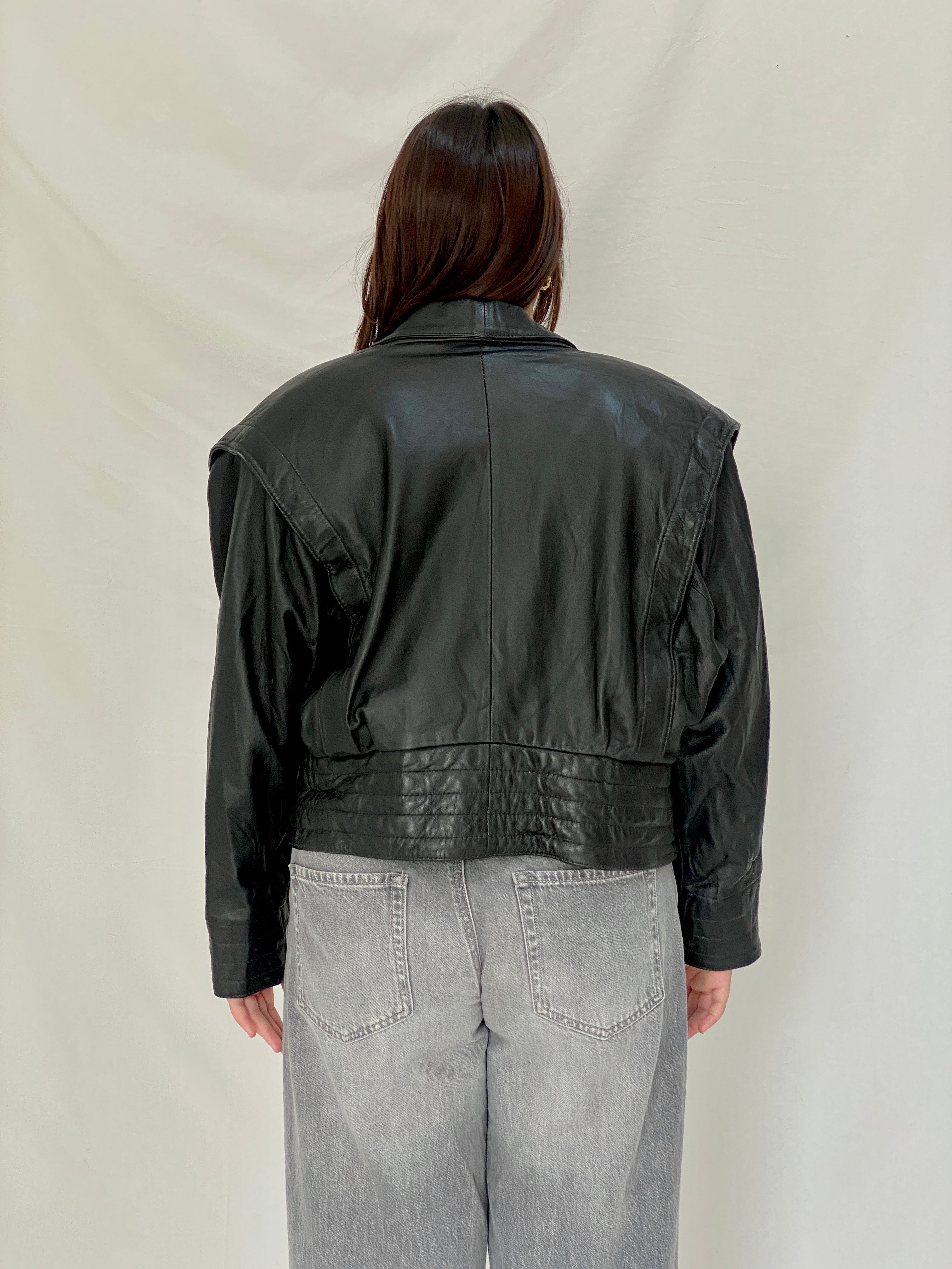 Vintage 80s Greek Kelesidi Leather Bomber Jacket Black Power Shoulder Blazer - M
