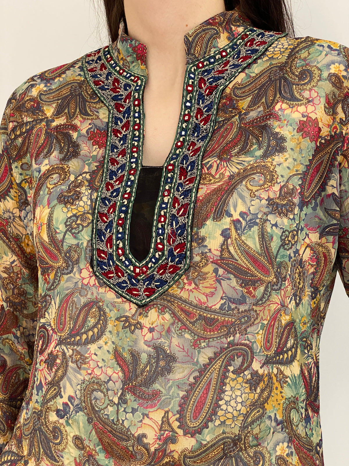 Vintage Y2K Makon Multicolor Paisley Embroidered Sheer Tunic Blouse - L