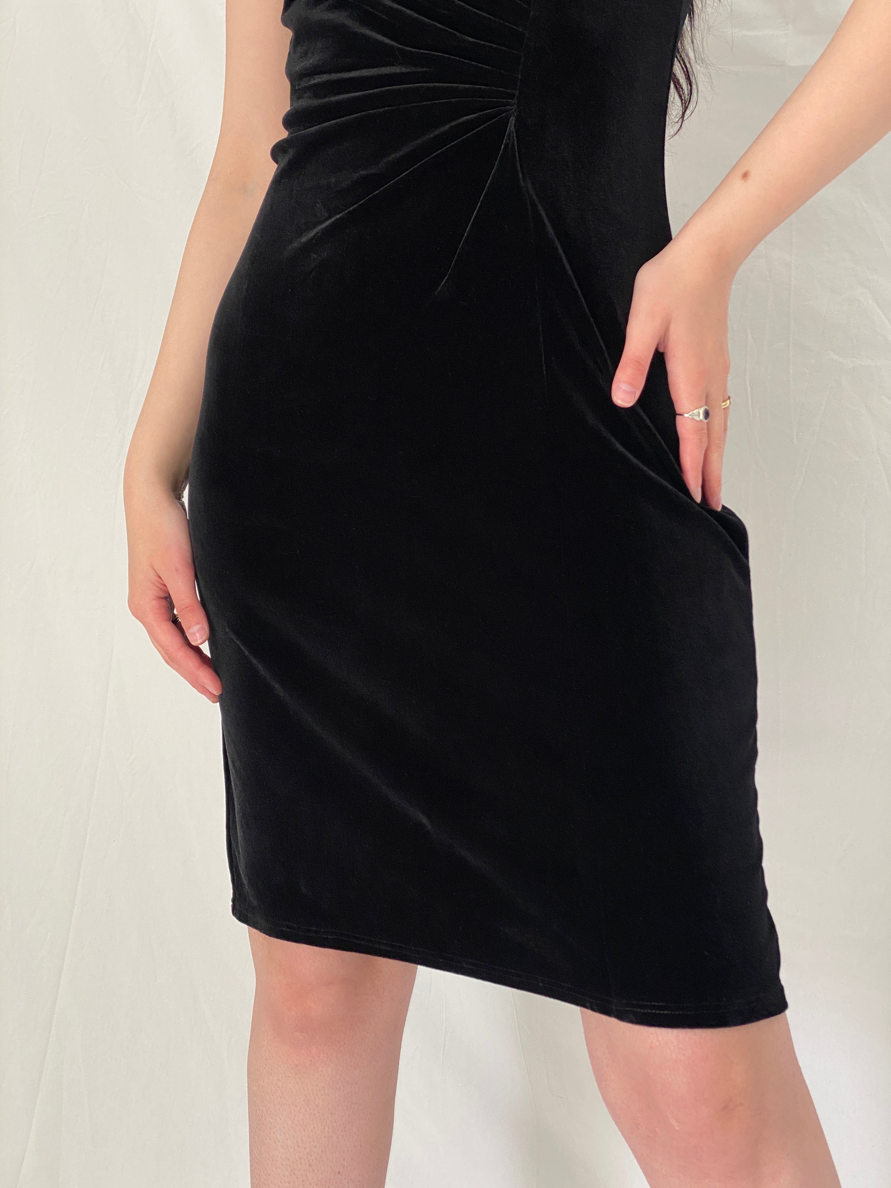 Vintage Amanda Lane Black Velvet Ruched 90s Minimal Evening Mini Dress – S