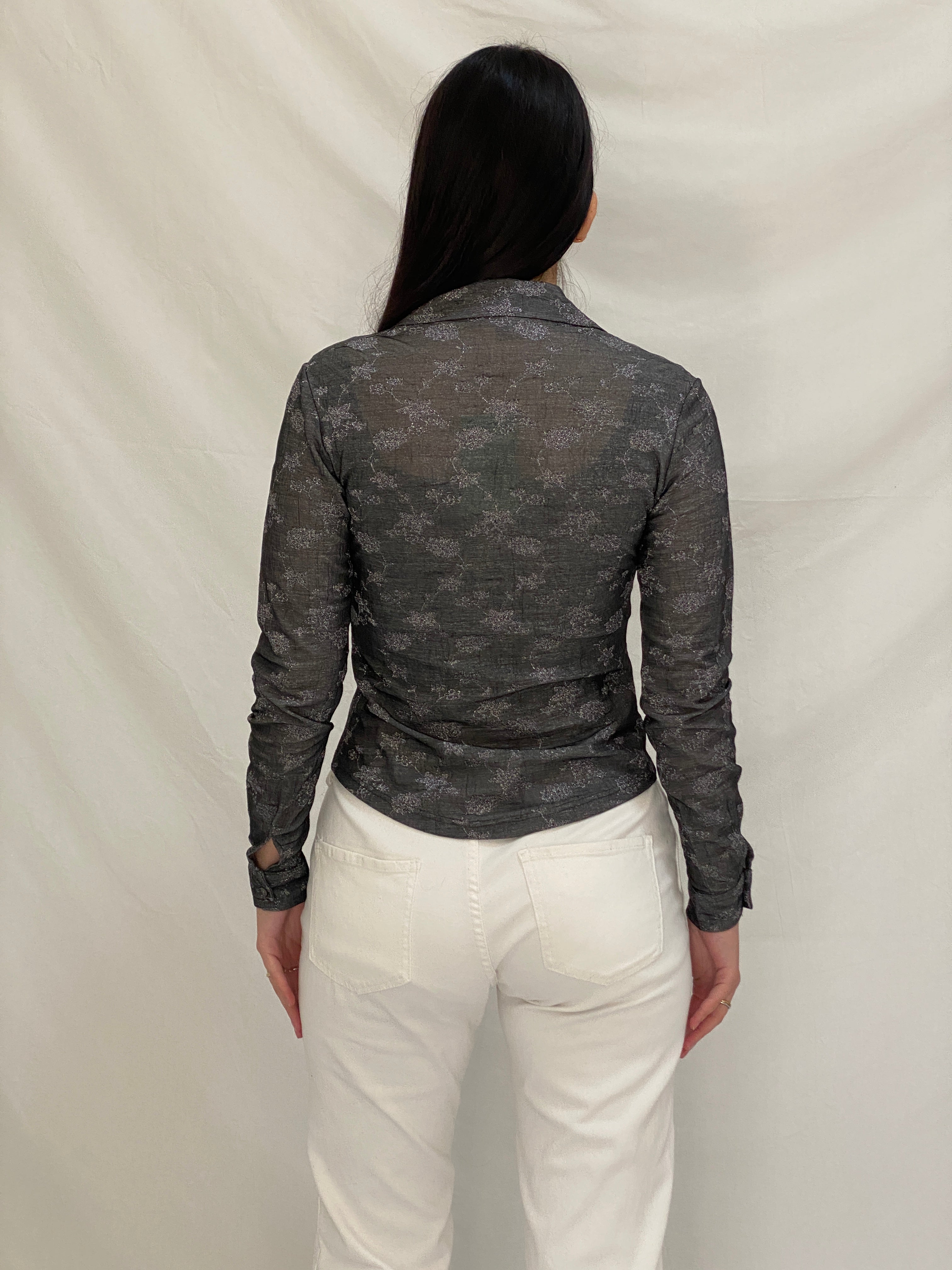 Vintage 90s BSB Club Gray Silver Floral Embroidered Fitted Shirt - S