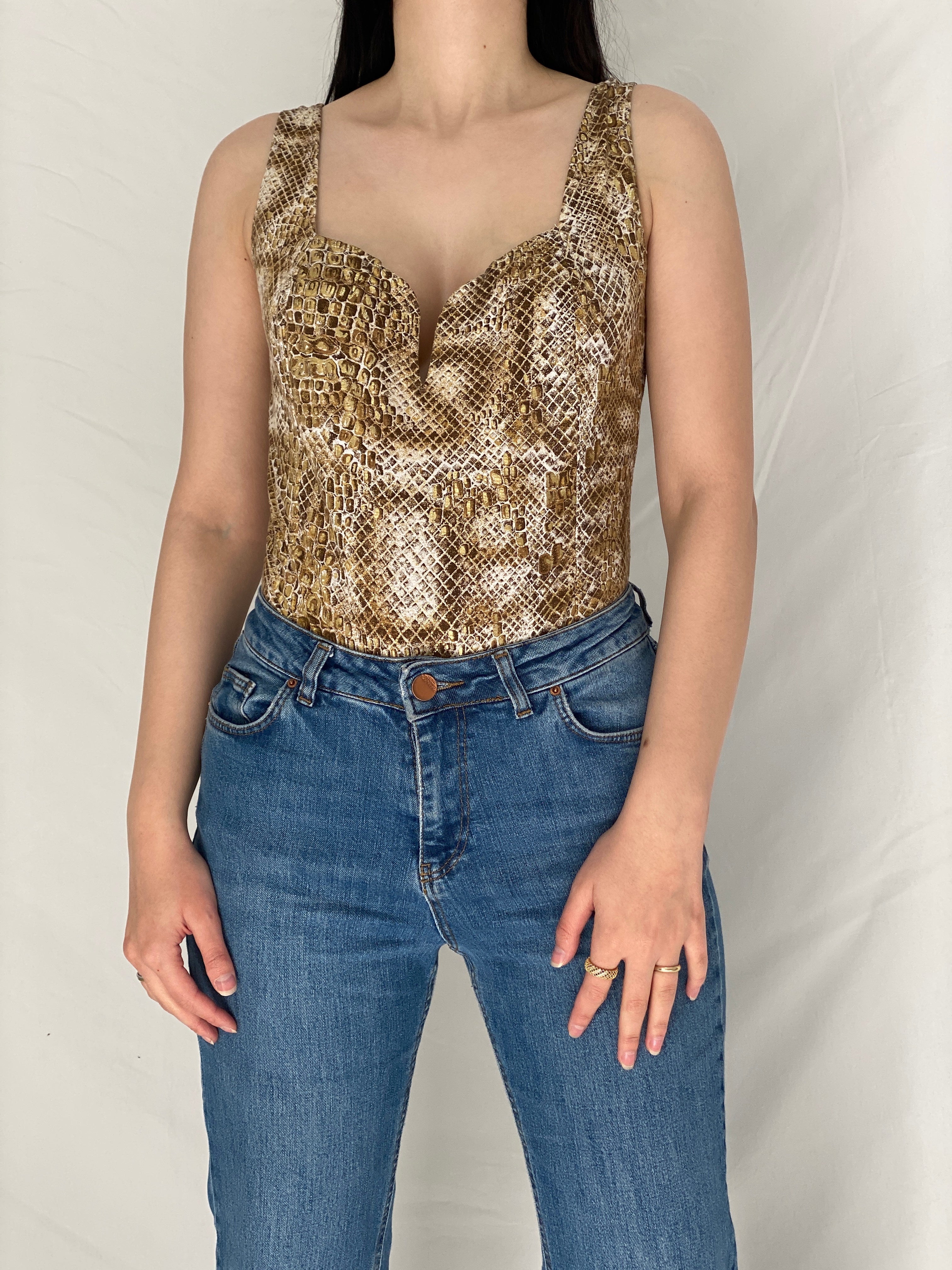 Vintage Y2K Michel Adam Gold Brown Snake Print Low Back Bodysuit - M