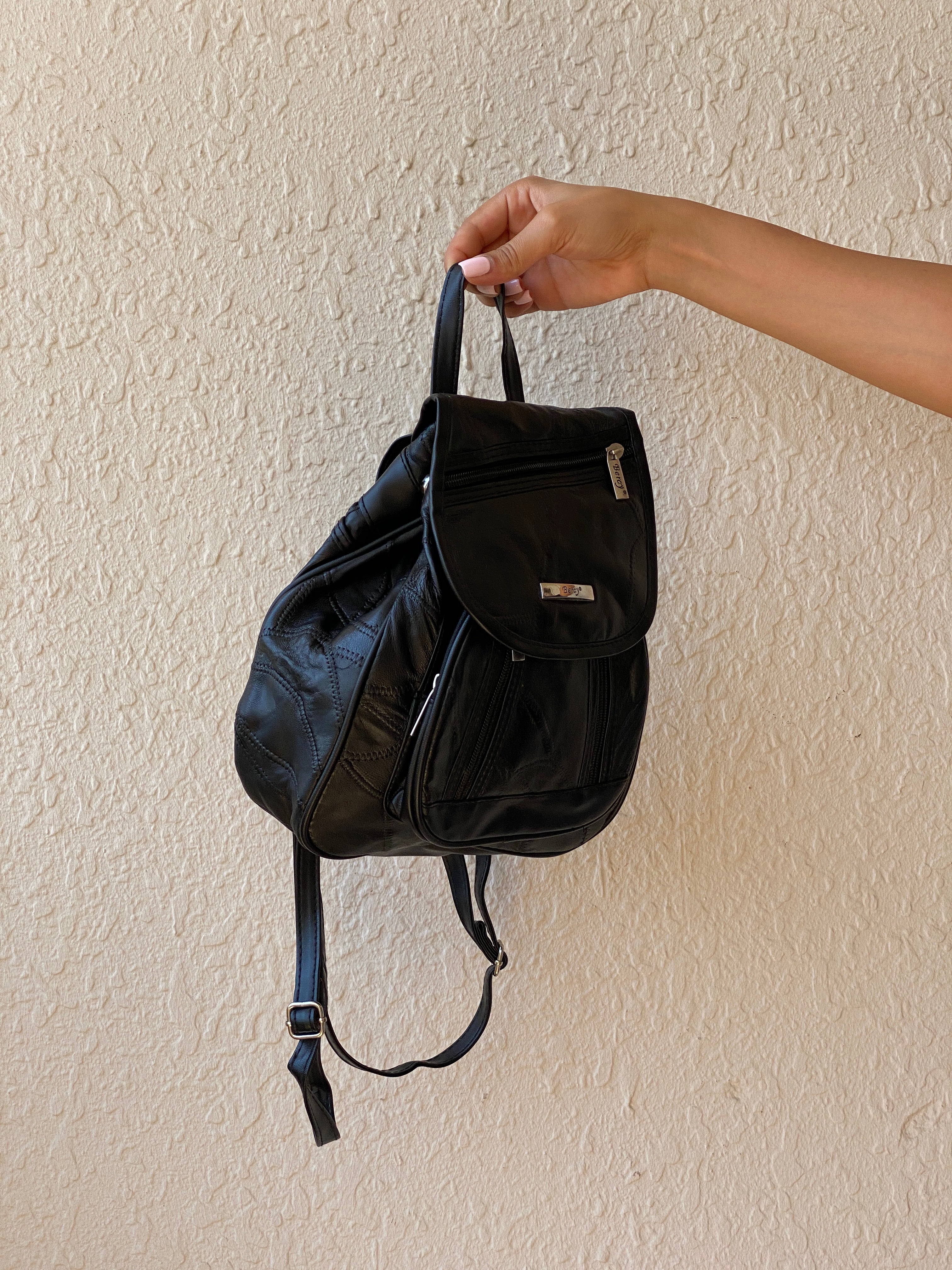 Vintage 90s Bercy Black Genuine Leather Patchwork Multi-Pocket Backpack