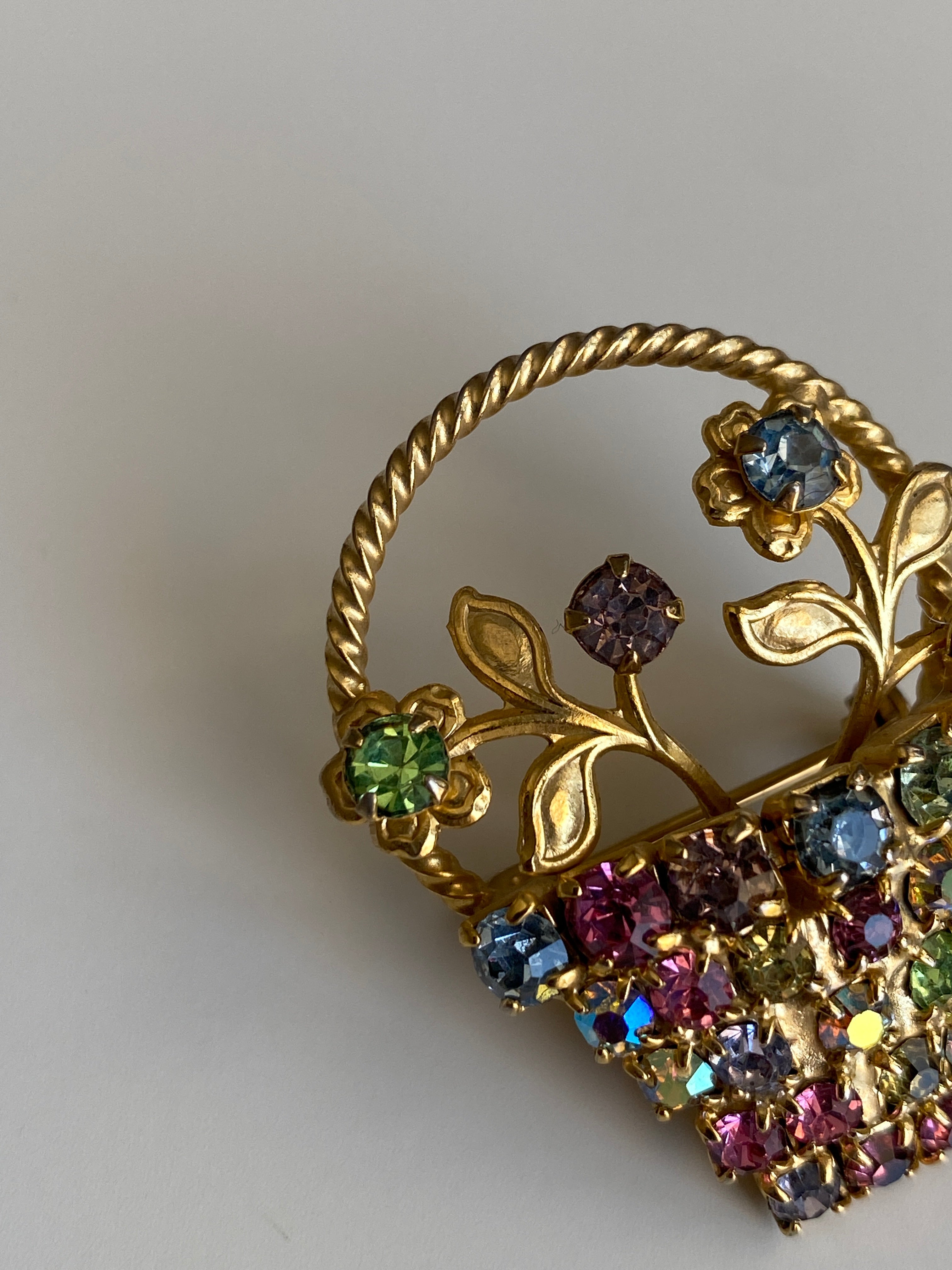 Vintage Gold Tone Multicolor Rhinestone Flower Basket Brooch Floral Statement Pin
