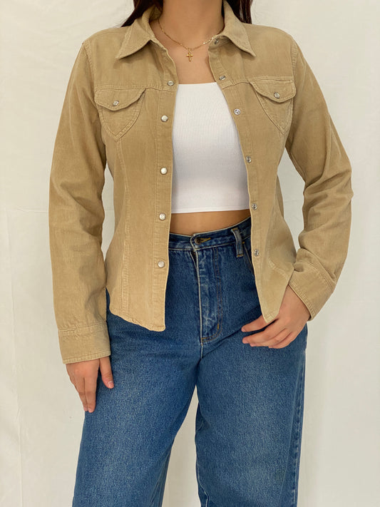 Vintage Y2K Periscope Tan Corduroy Western Full Sleeve Shirt - M