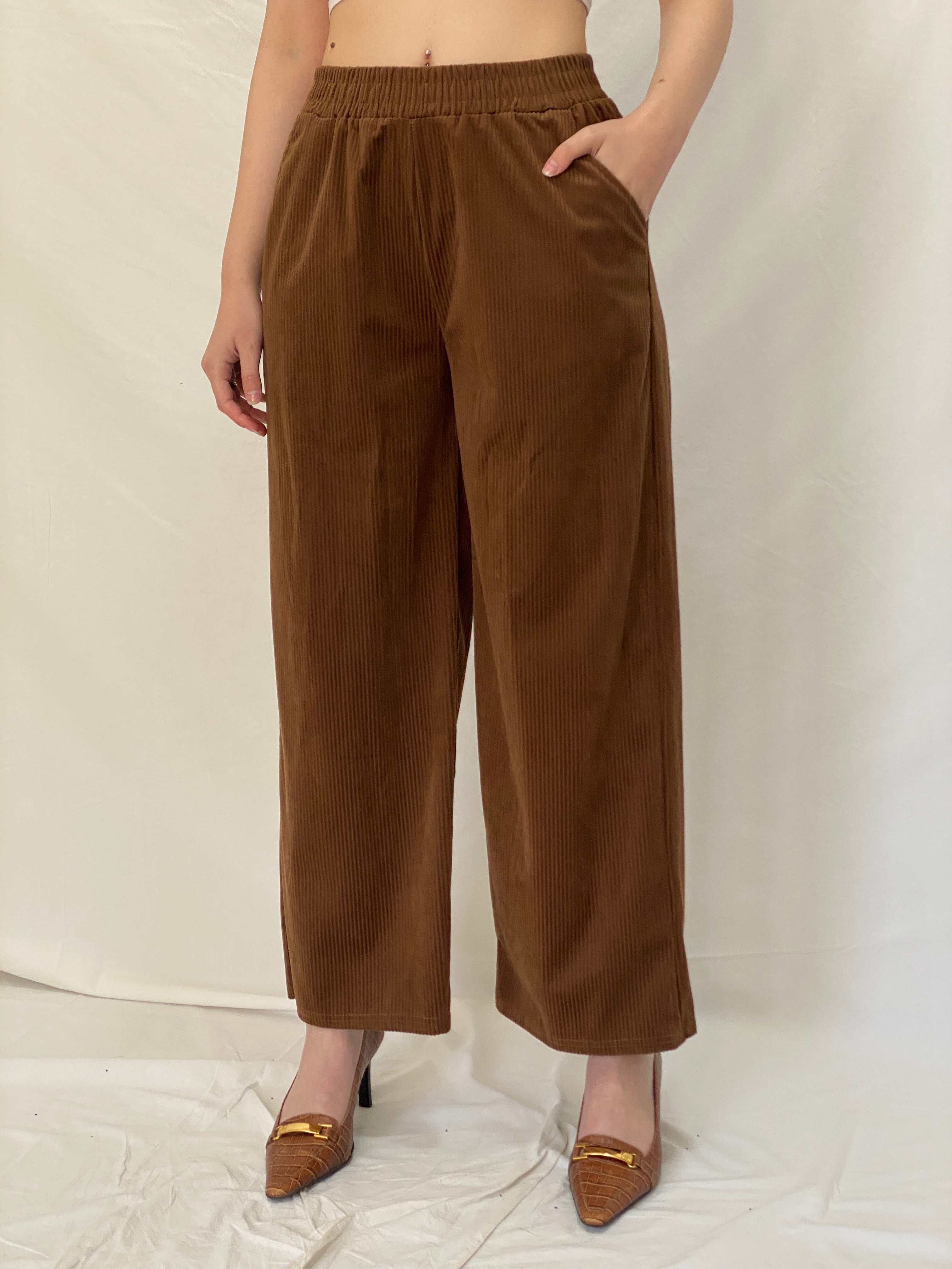 Handmade Brown Corduroy Pants Elastic Waist Trousers - M