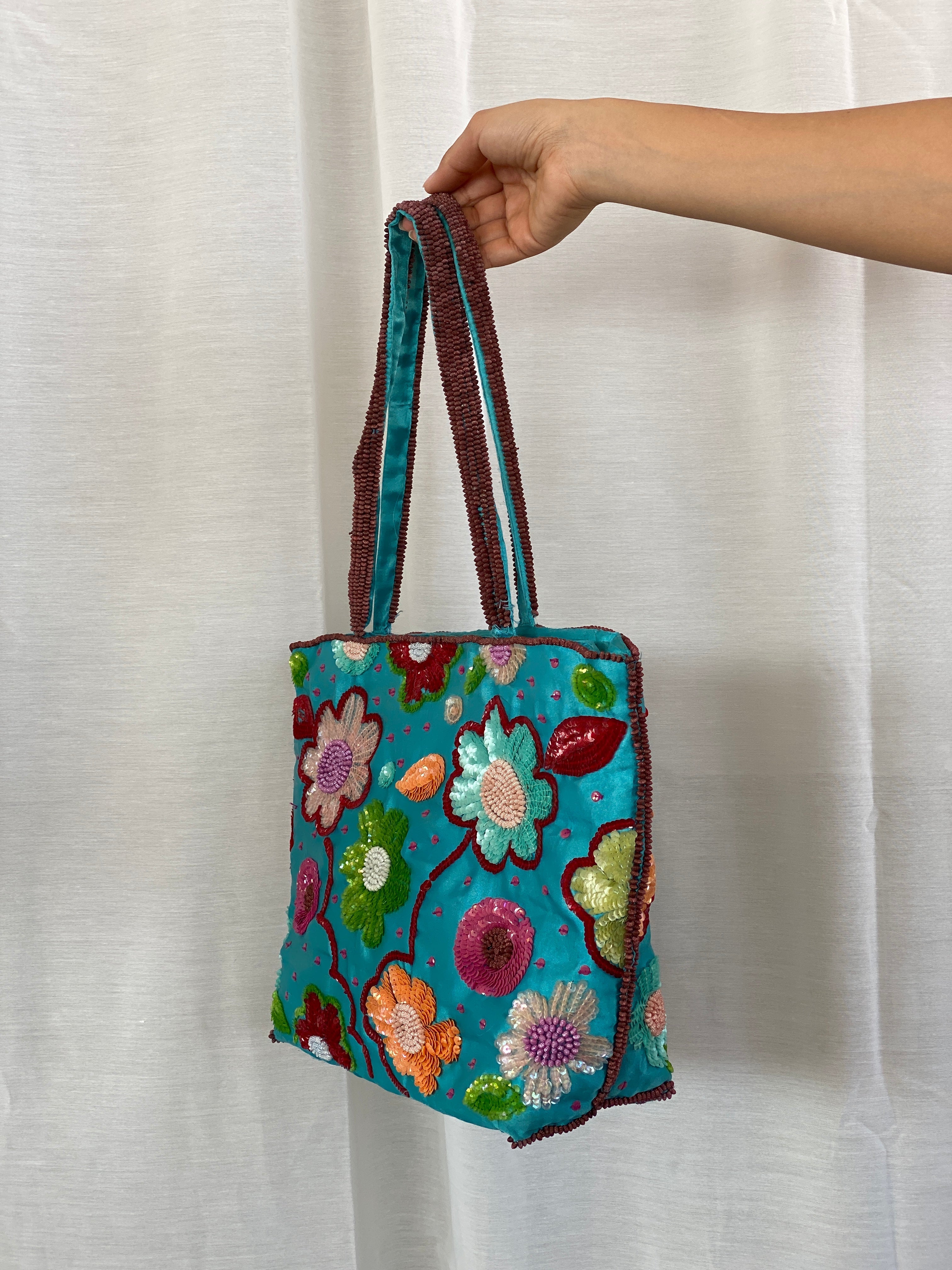 Beautiful Blue Satin Floral Sequined Beaded Strap Tote Bag