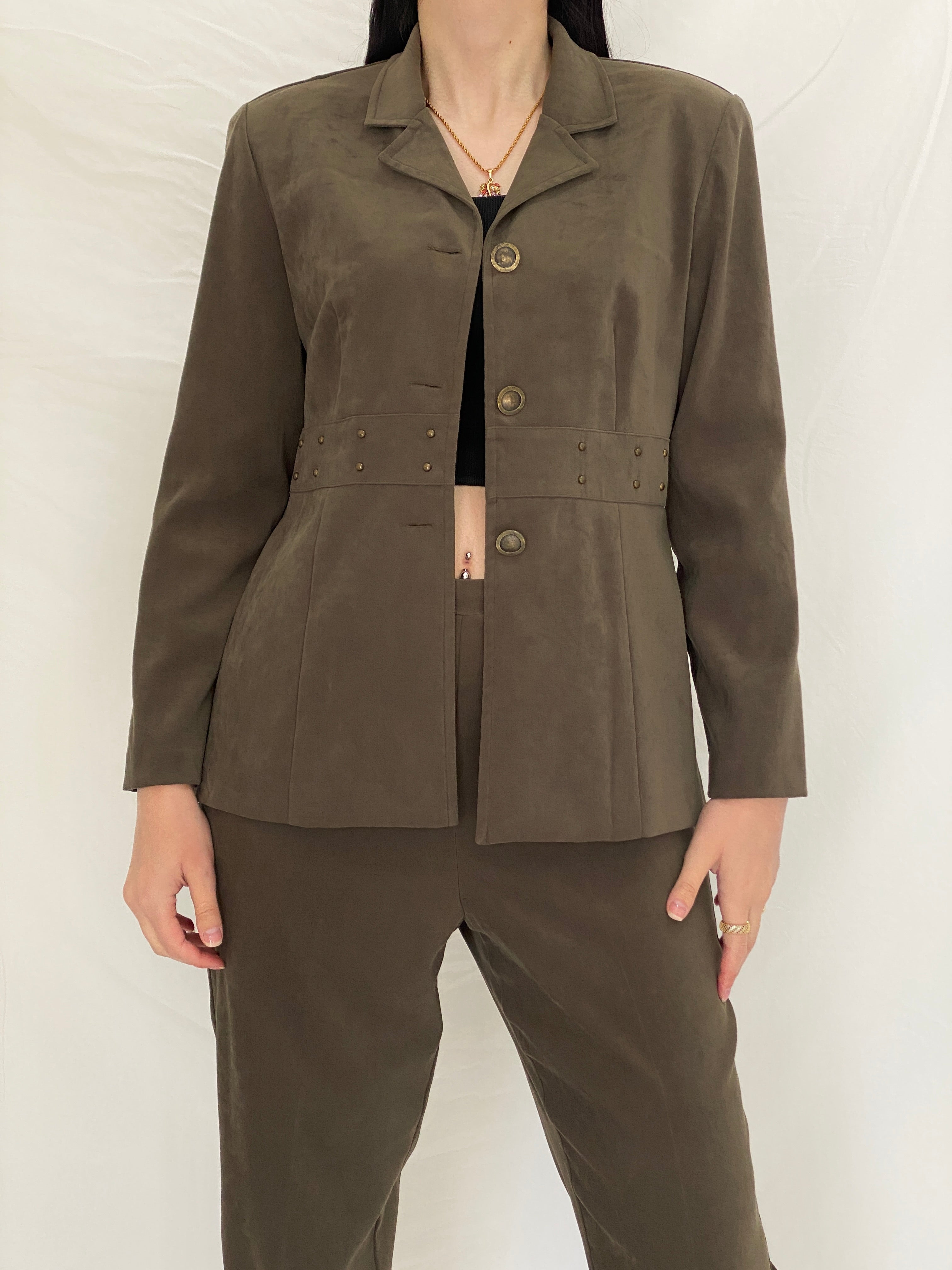 Vintage 90s Sag Harbor Dress Petite Olive Green Blazer & Pants Set Officecore Tailored Suit - M