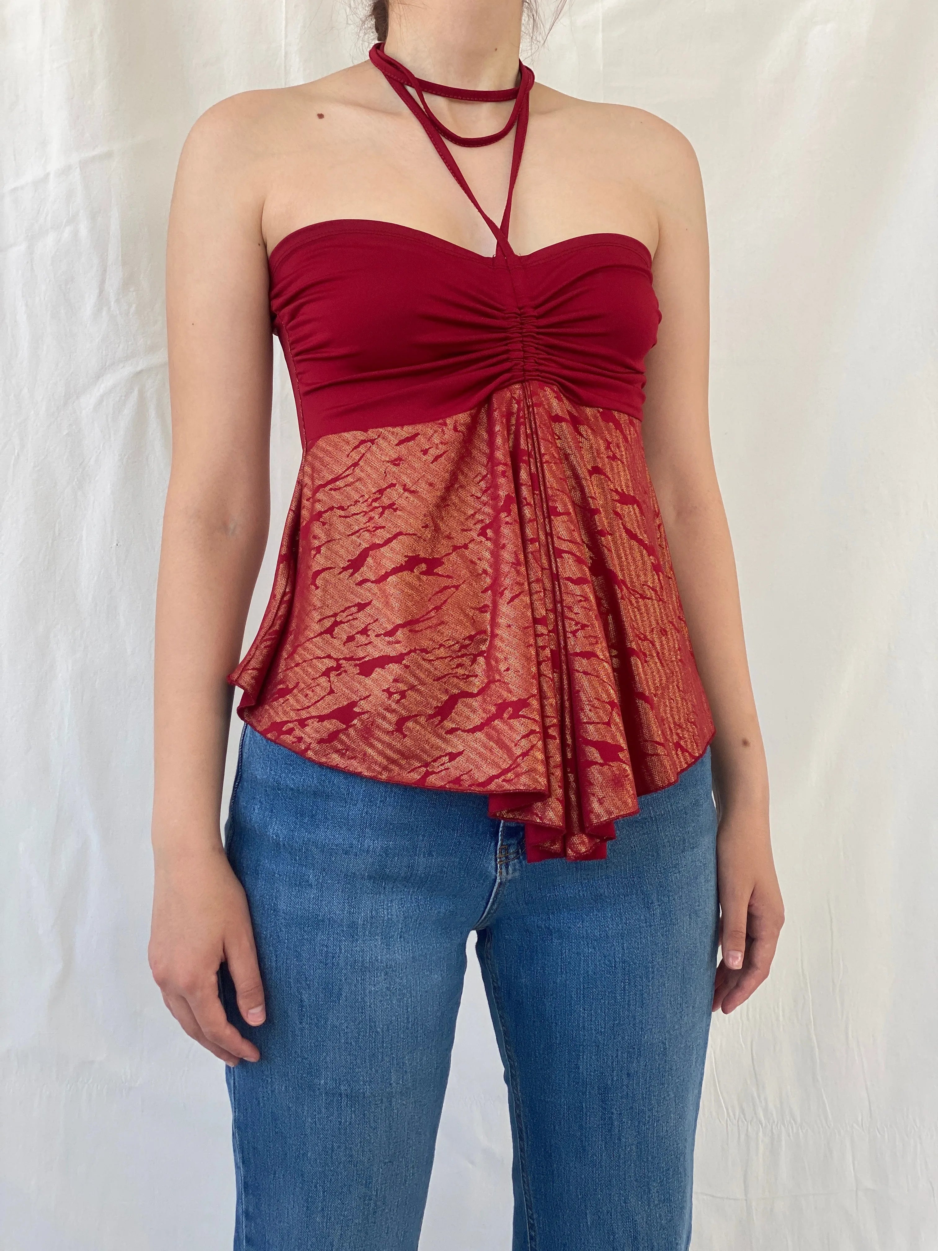 Y2K Red Metallic Gold Fairy Core Halter Top - M