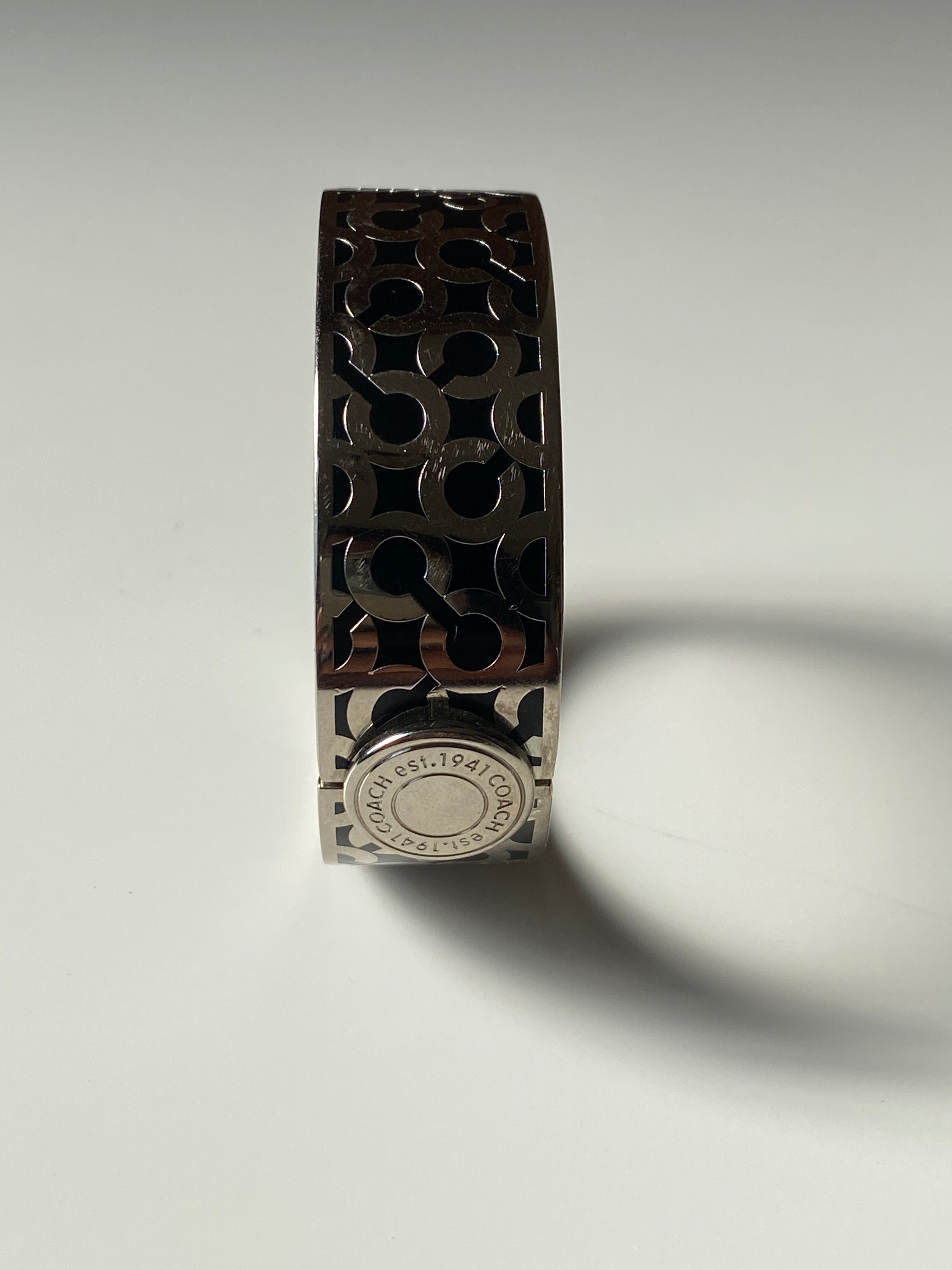 Coach Signature Enamel Logo Bangle Bracelet Silver-Tone Designer Cuff