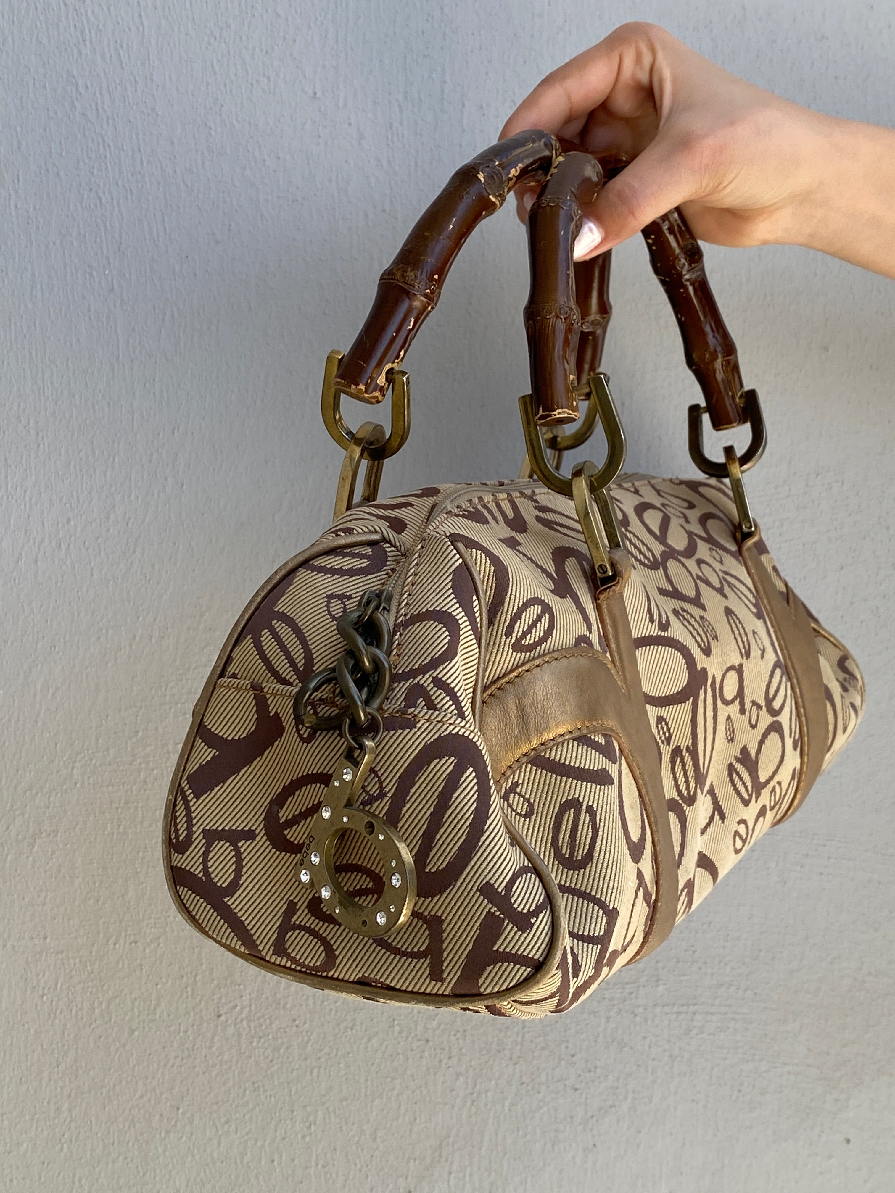 Y2K Bebe Monogram Canvas & Bamboo Handle Bag Beige Brown
