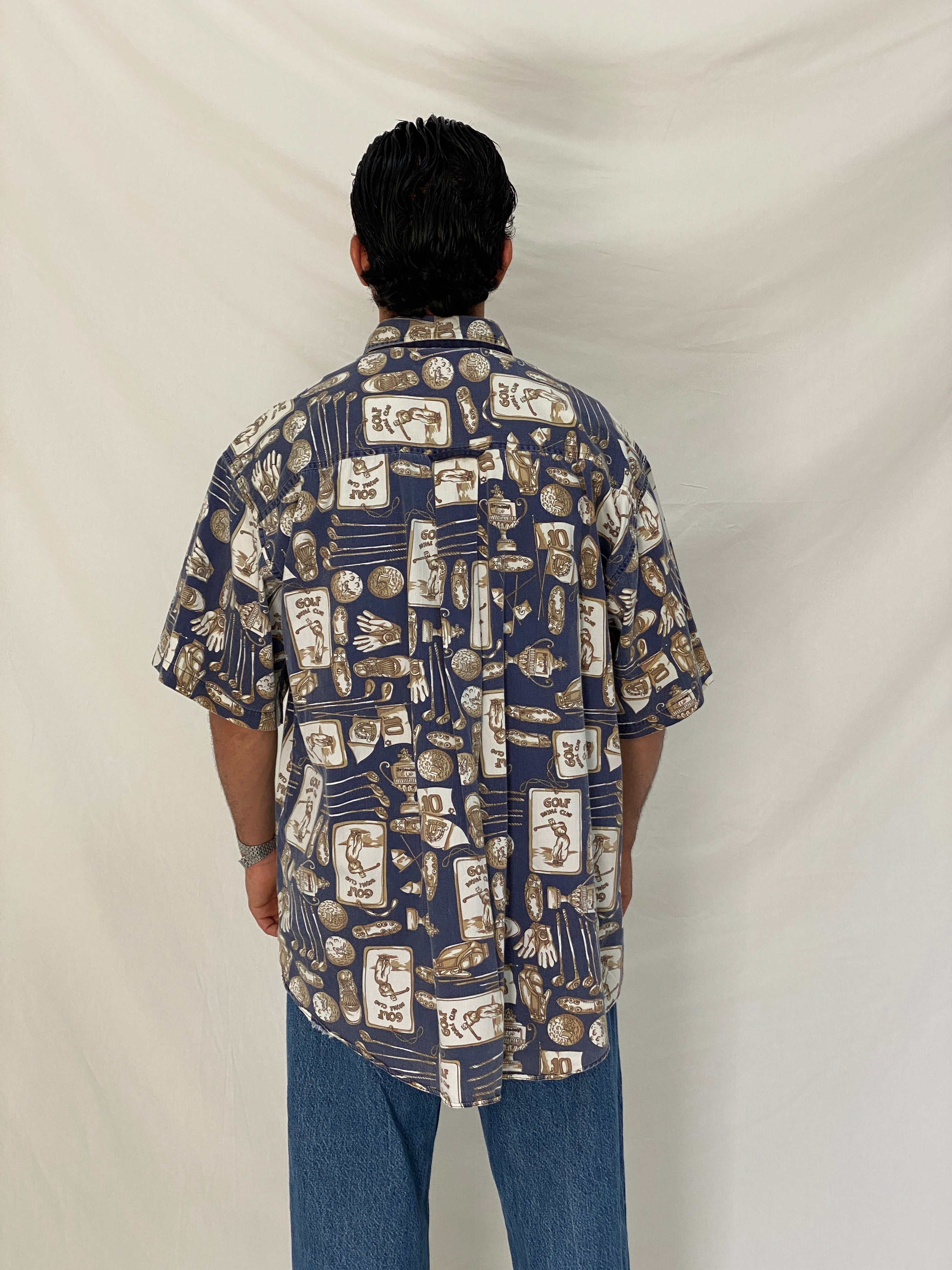 Vintage J.Riggings Golf Print Cotton Shirt Blue Beige Novelty Button Up – XL