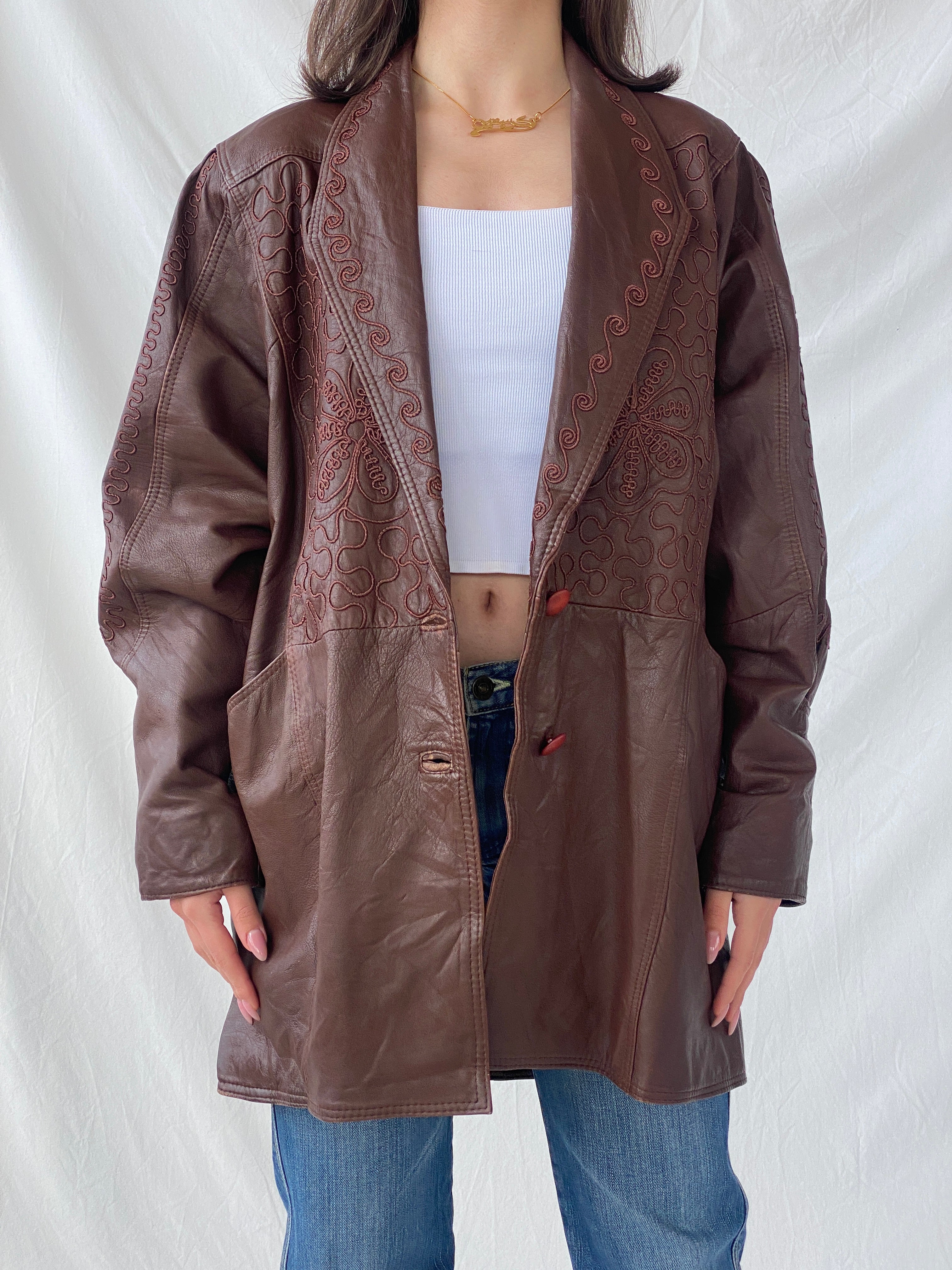 Coolest 80s Vintage Women’s Brown Floral Embroidered Genuine Leather Coat - L