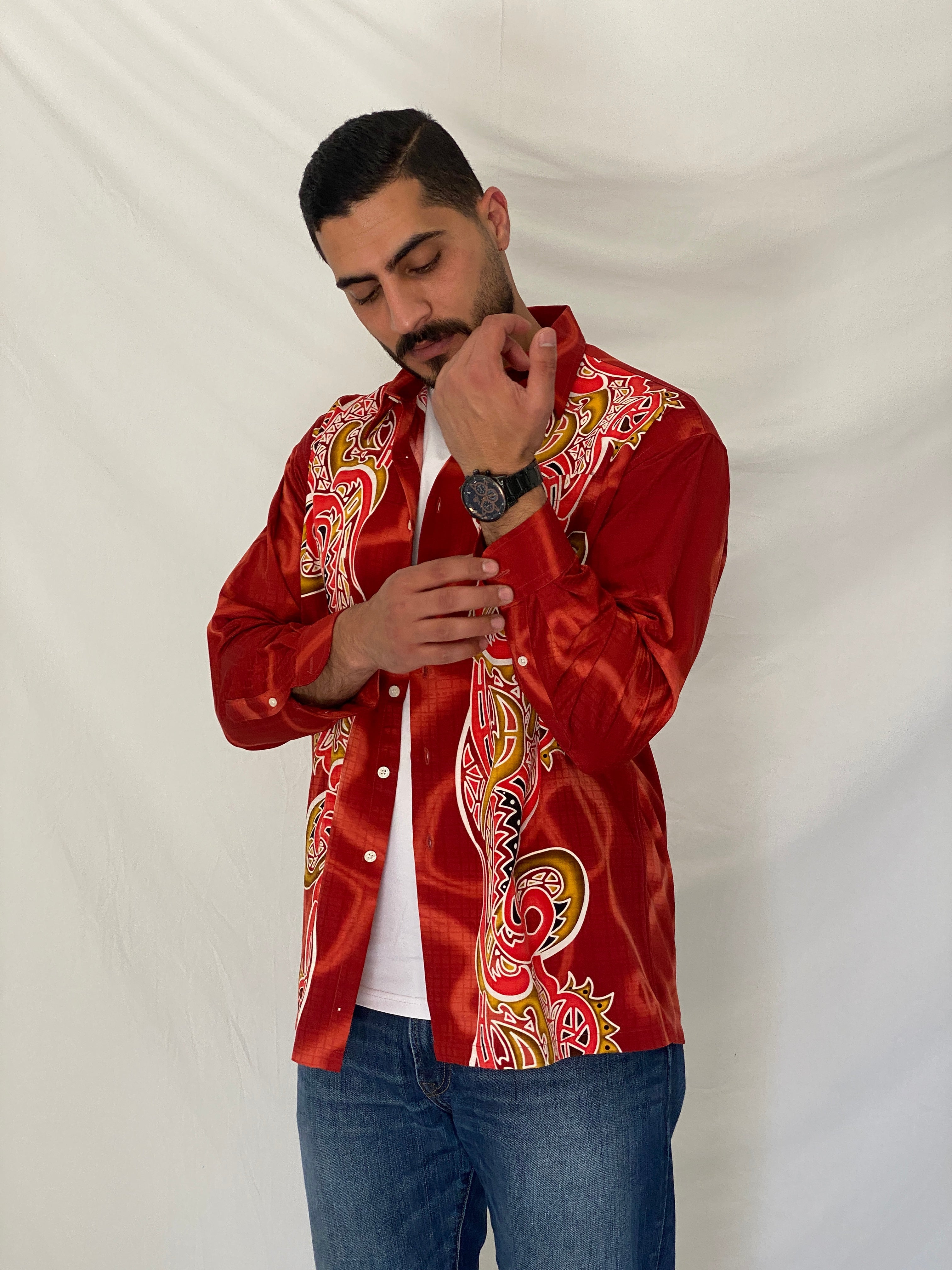 Y2K Drapper Club Tribal Dragon Red Long Sleeve Button-Up Shirt – XL