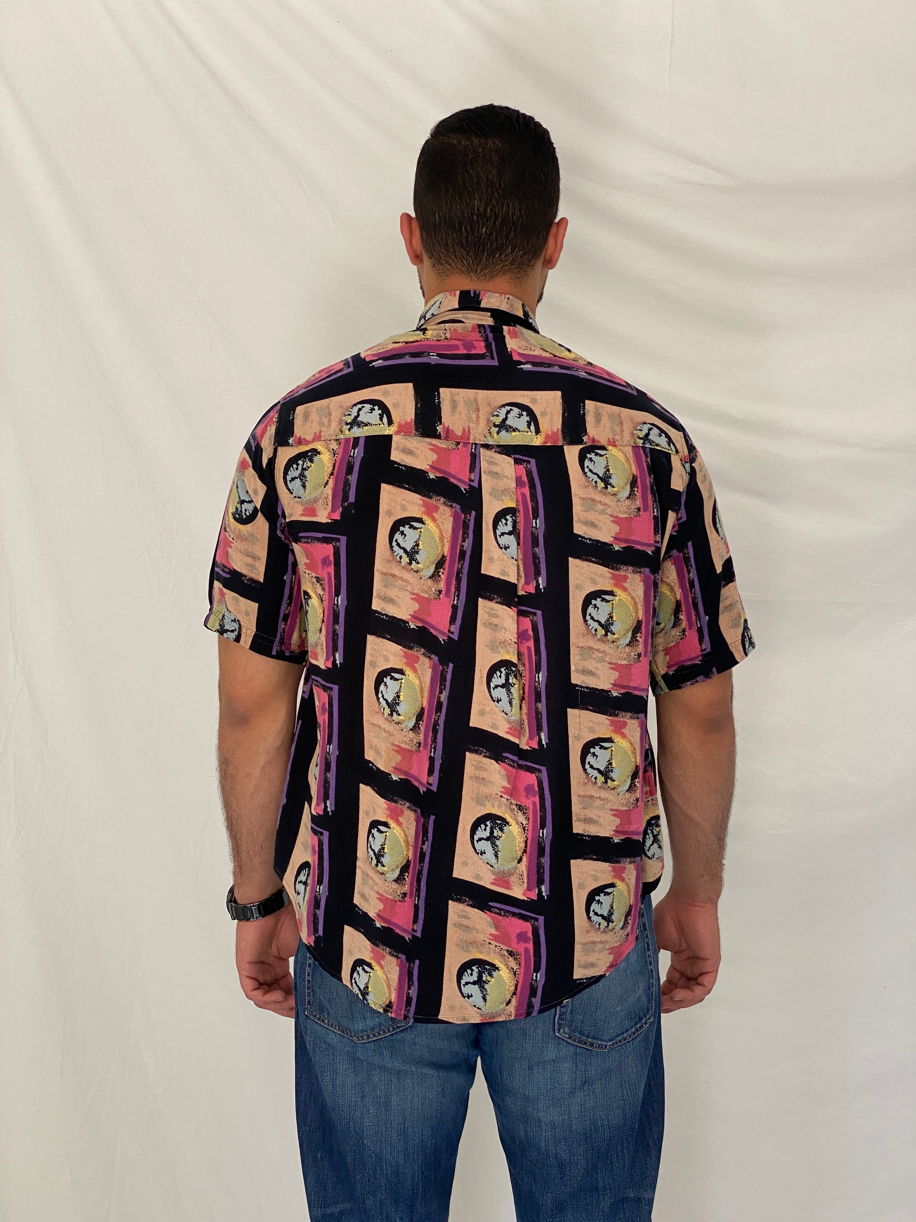 Vintage 90s Tribes Abstract Geometric Rayon Button-Up Shirt - M