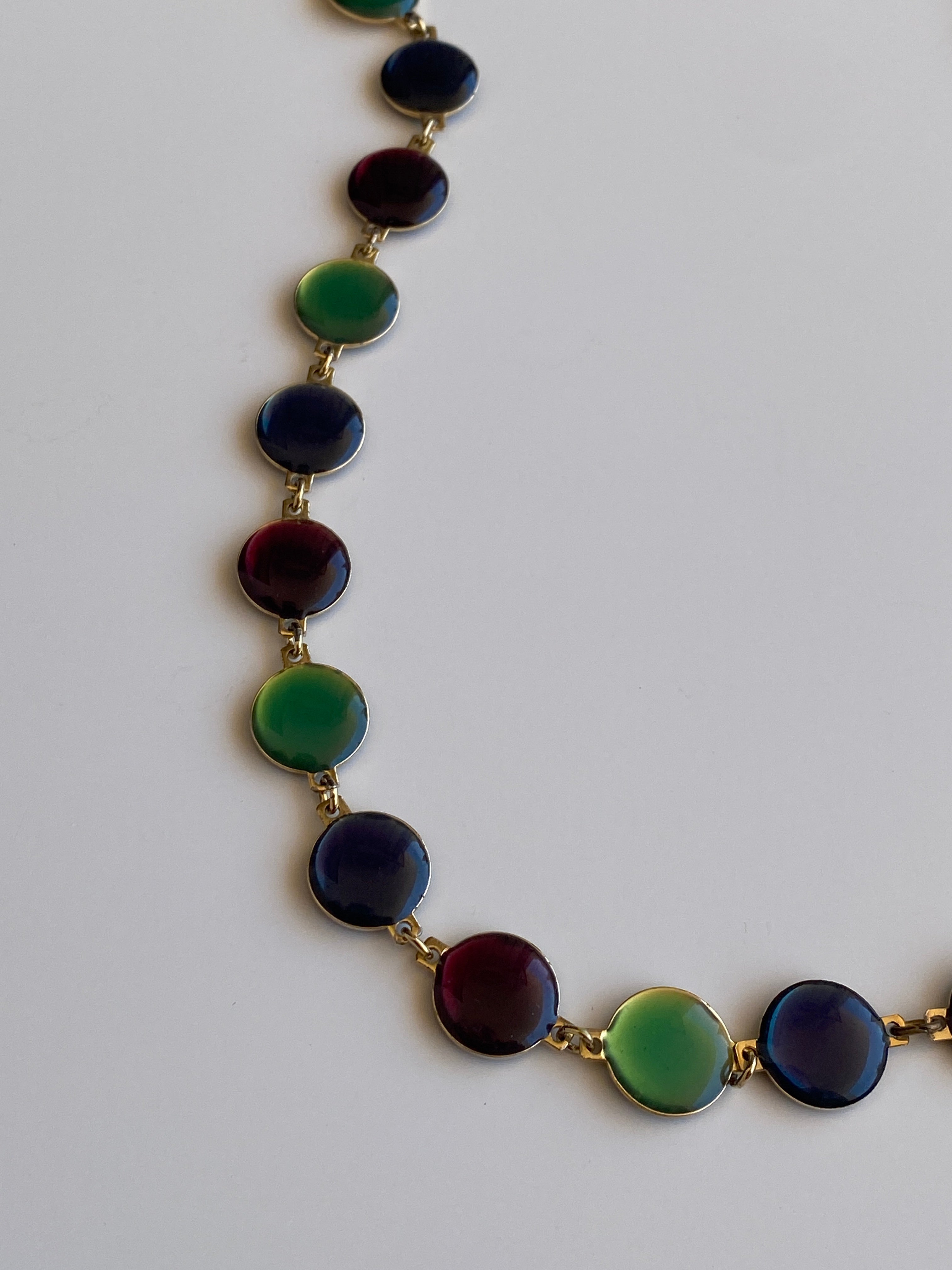 Vintage Double-Sided Green & Burgundy Lucite Disc Long Necklace
