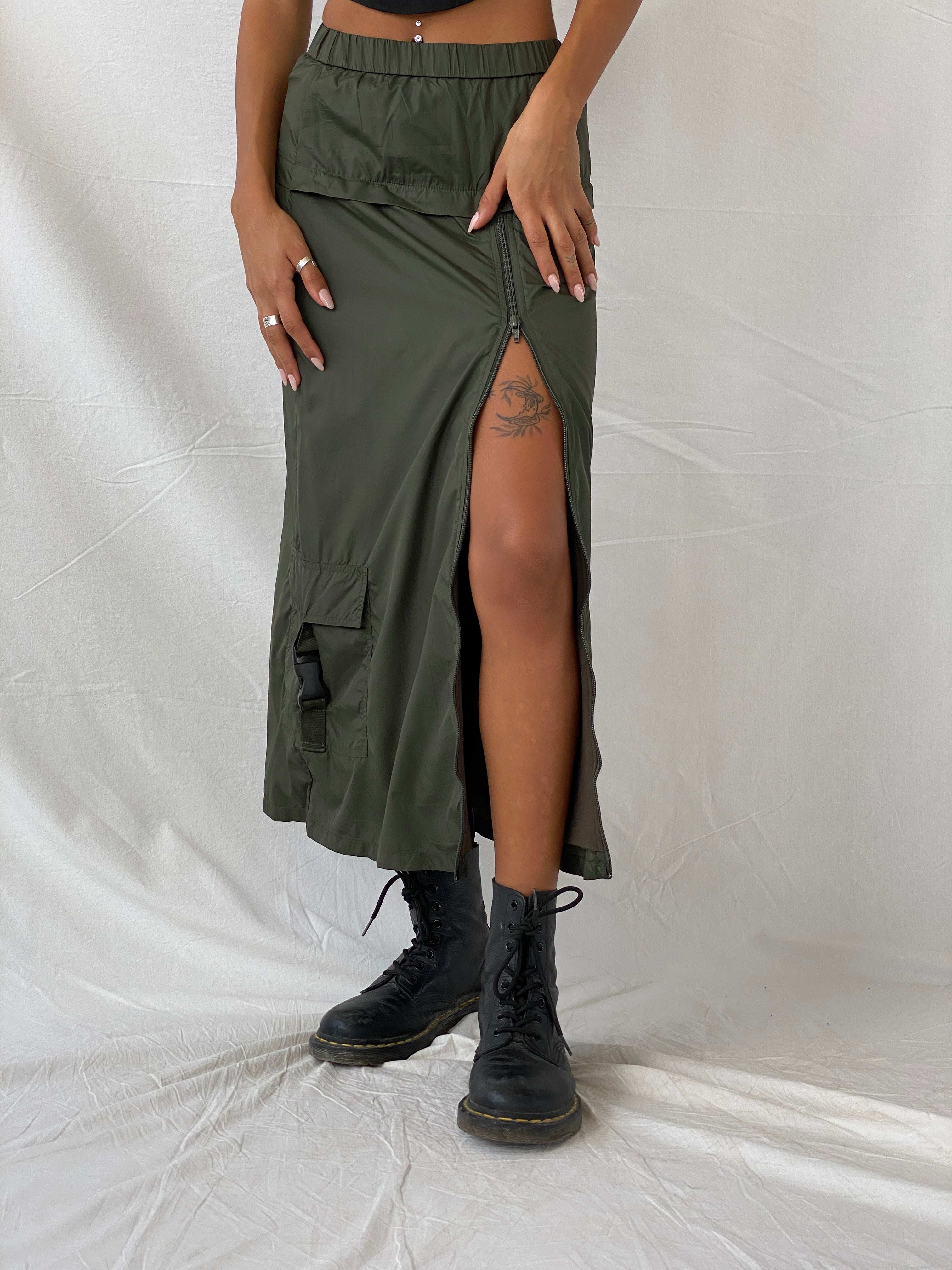 Y2K Espirit Cargo Utility Olive Green Maxi Skirt - XS