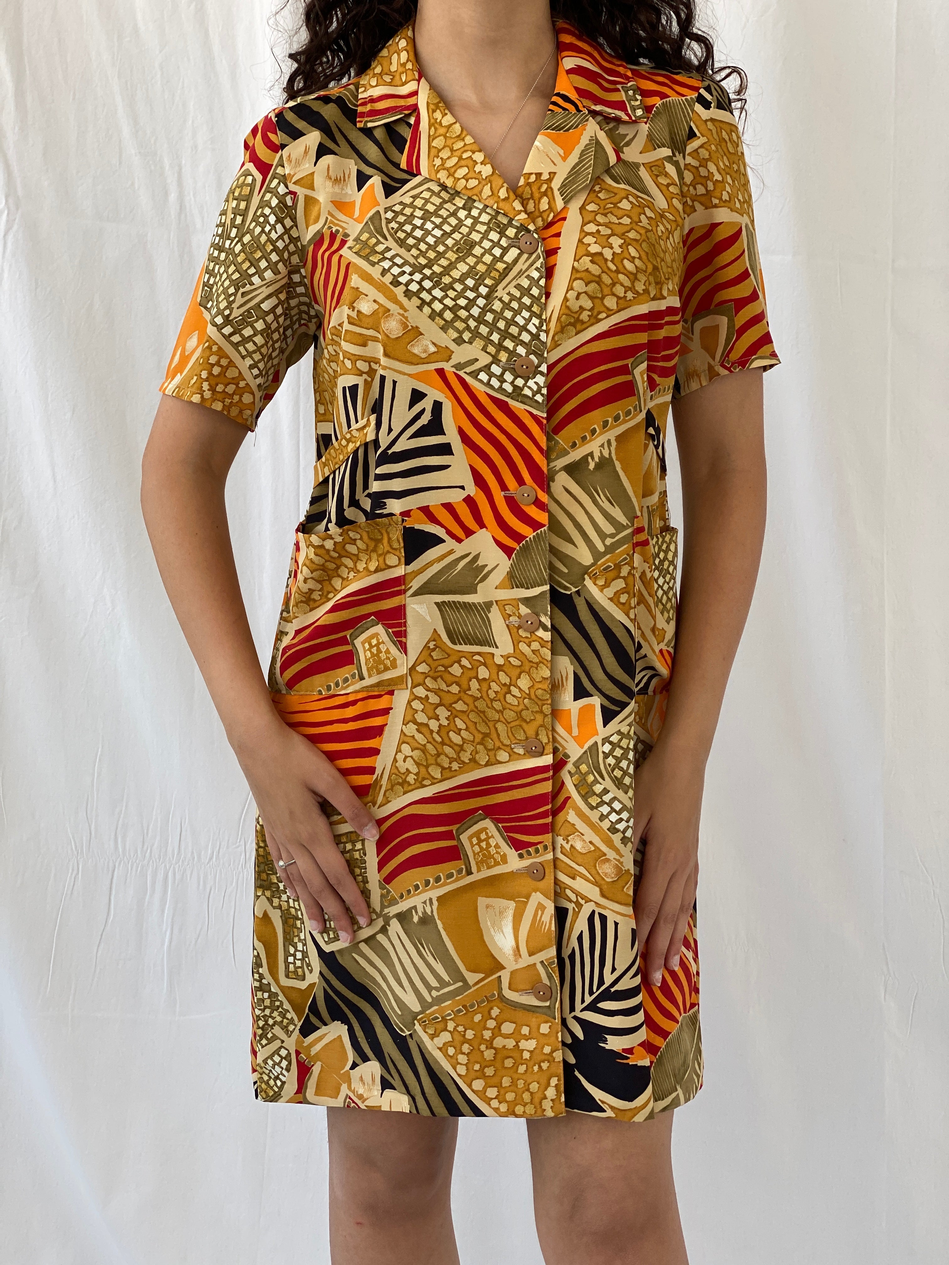 Vintage Handmade Abstract Hawaiian Button Up Knee Length Orange Yellow Dress - M