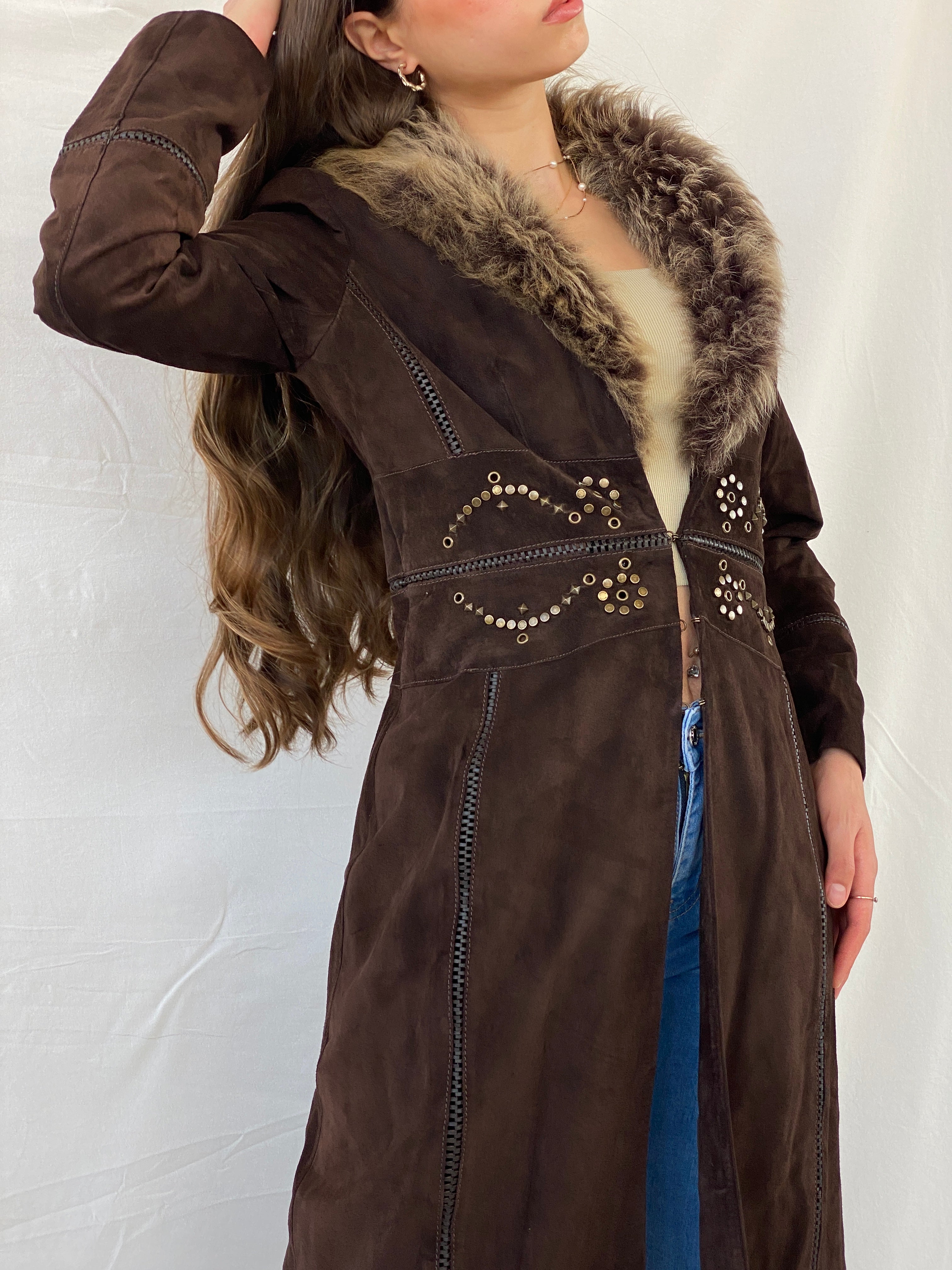 Karen Millen Afghan Style Brown Suede Fur-Collar Coat - S