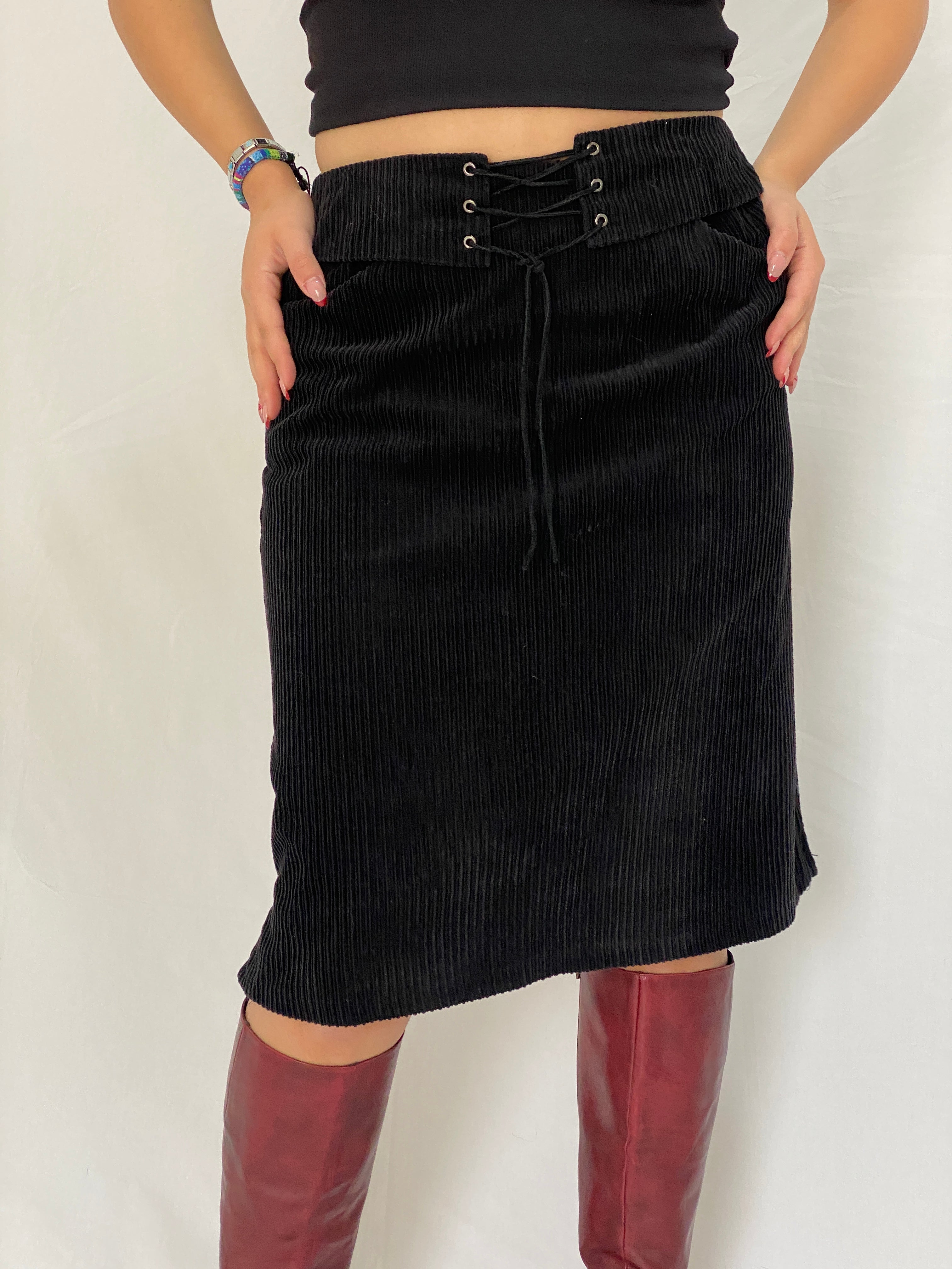 スカート European skirt 90s archive Vintage 90s Miss Etam Black Corduroy Lace-Up Waist Midi Skirt – M