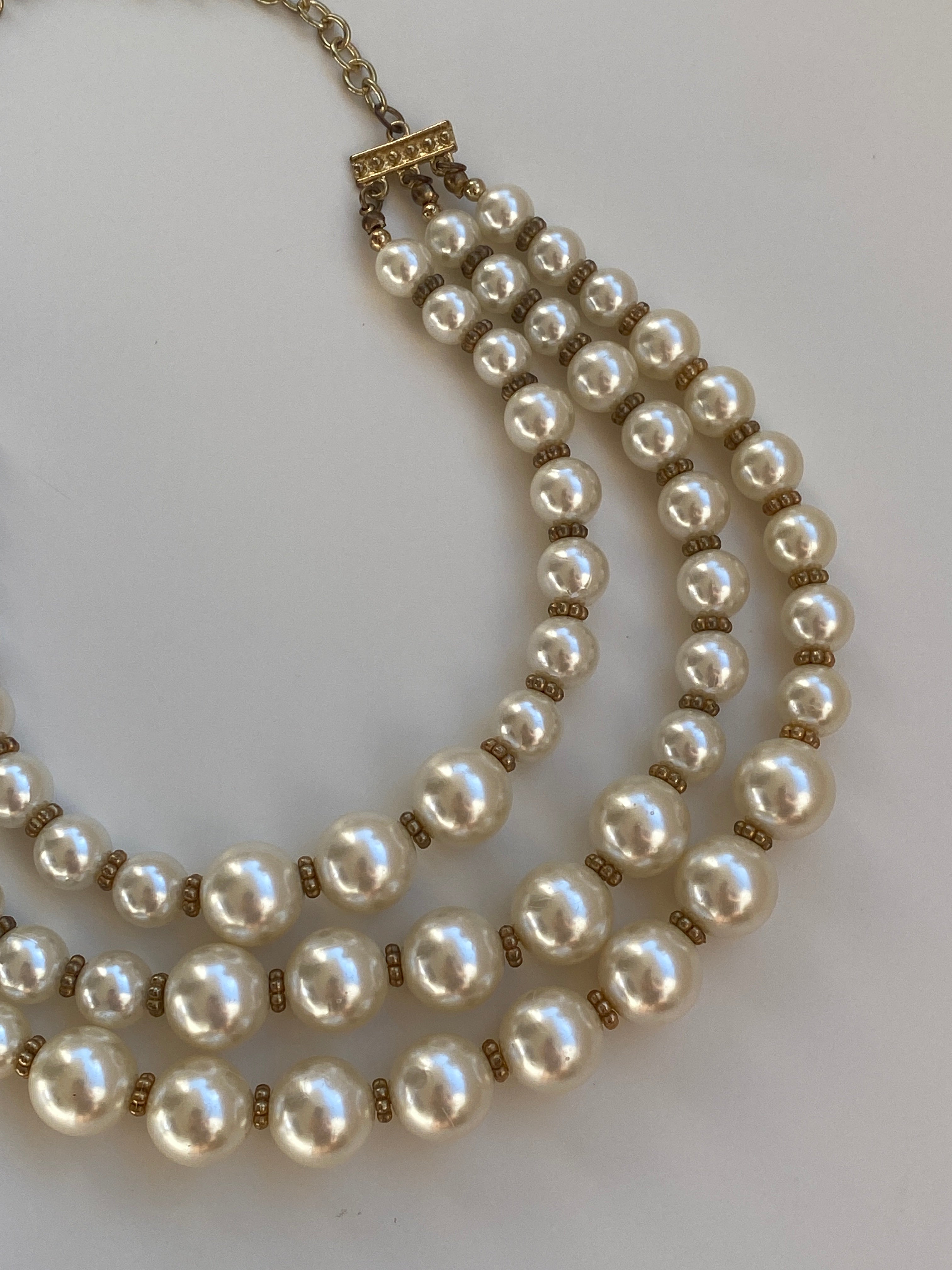 Vintage Y2K Ivory Faux Pearl Gold-Tone Triple Strand Necklace