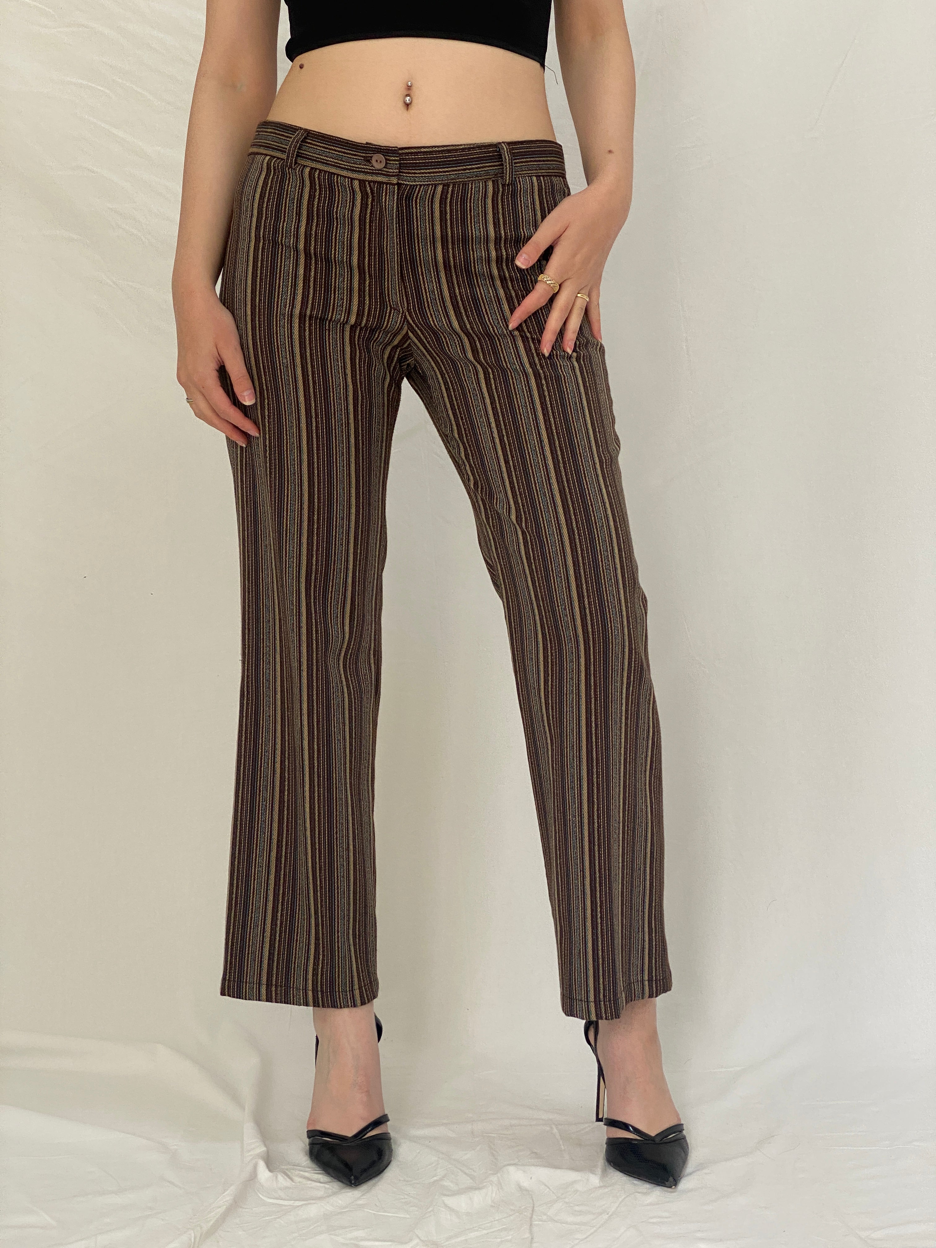 Vintage Office-Core Brown Striped Wide Leg Pants Tailored High Waist Trousers - M