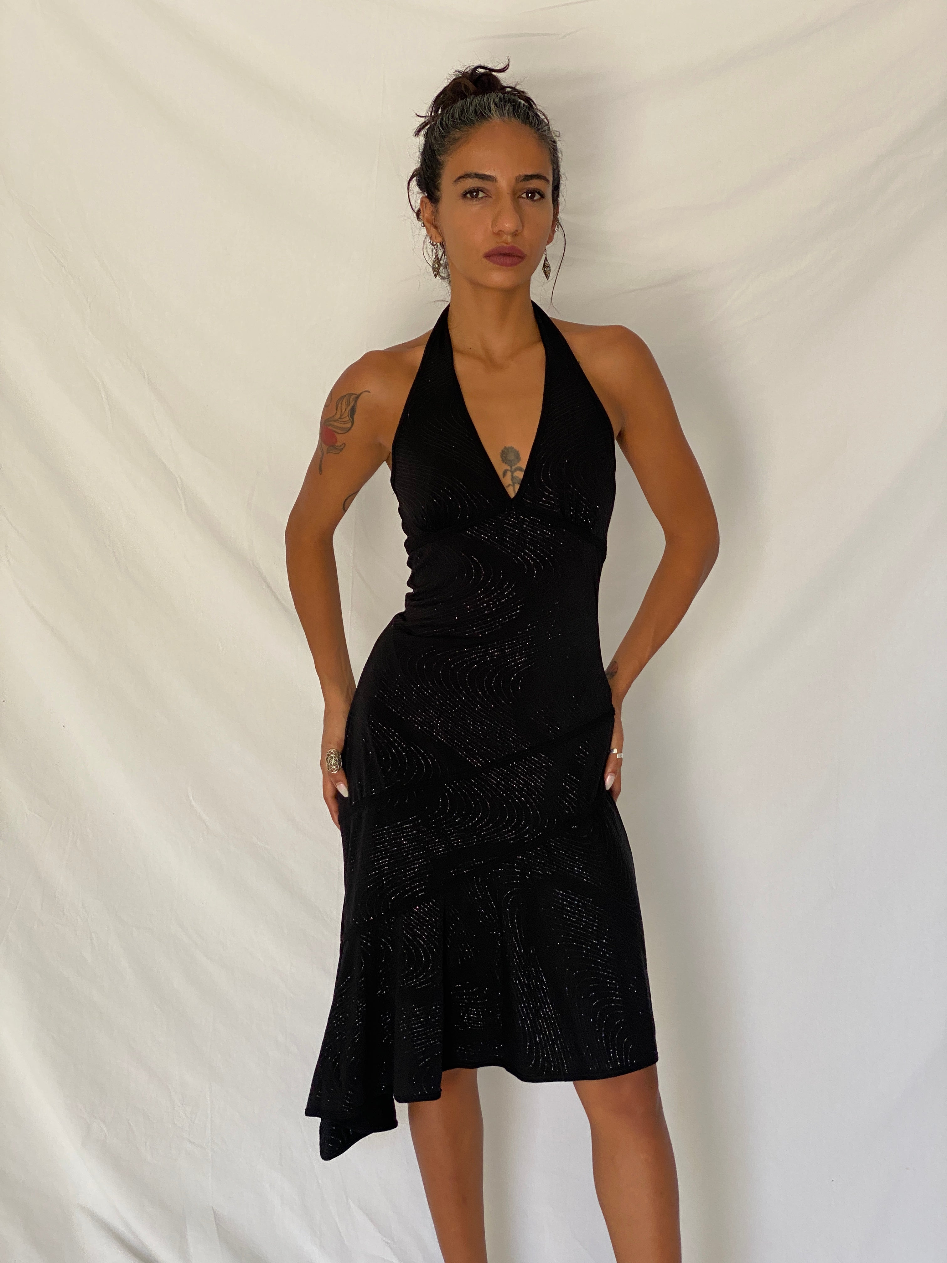 Vintage Y2K Lipstick Black Glitter Swirl Halter Asymmetric Midi Dress- S
