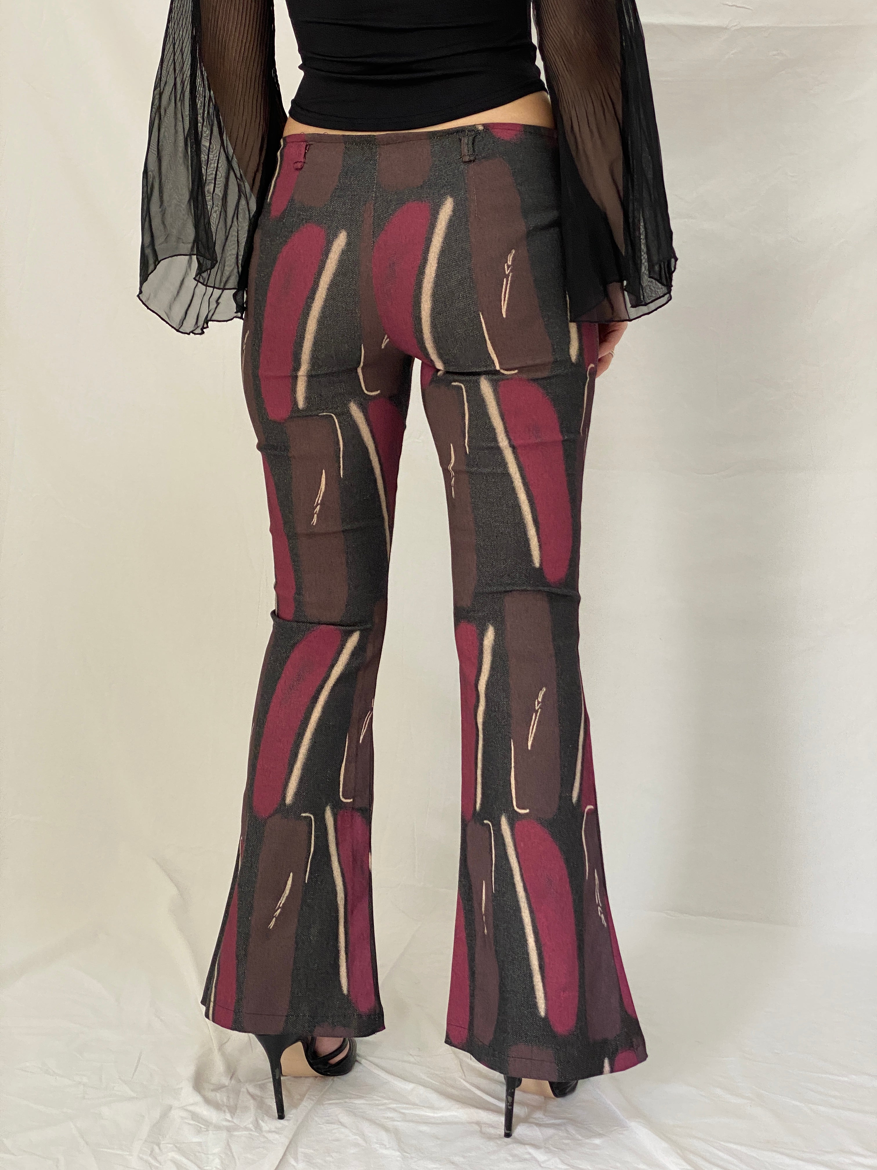 Vintage RECHE Abstract Art Flared Brown Burgundy Graphic Denim Pants - 38EU