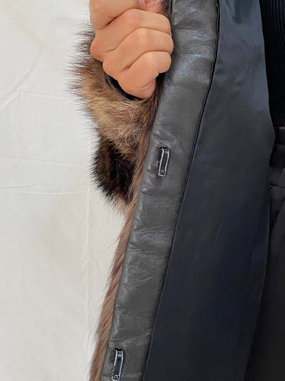 Vintage Real Fur Striped Brown & Black Coat Luxurious Genuine Raccoon Fur Winter Jacket - M