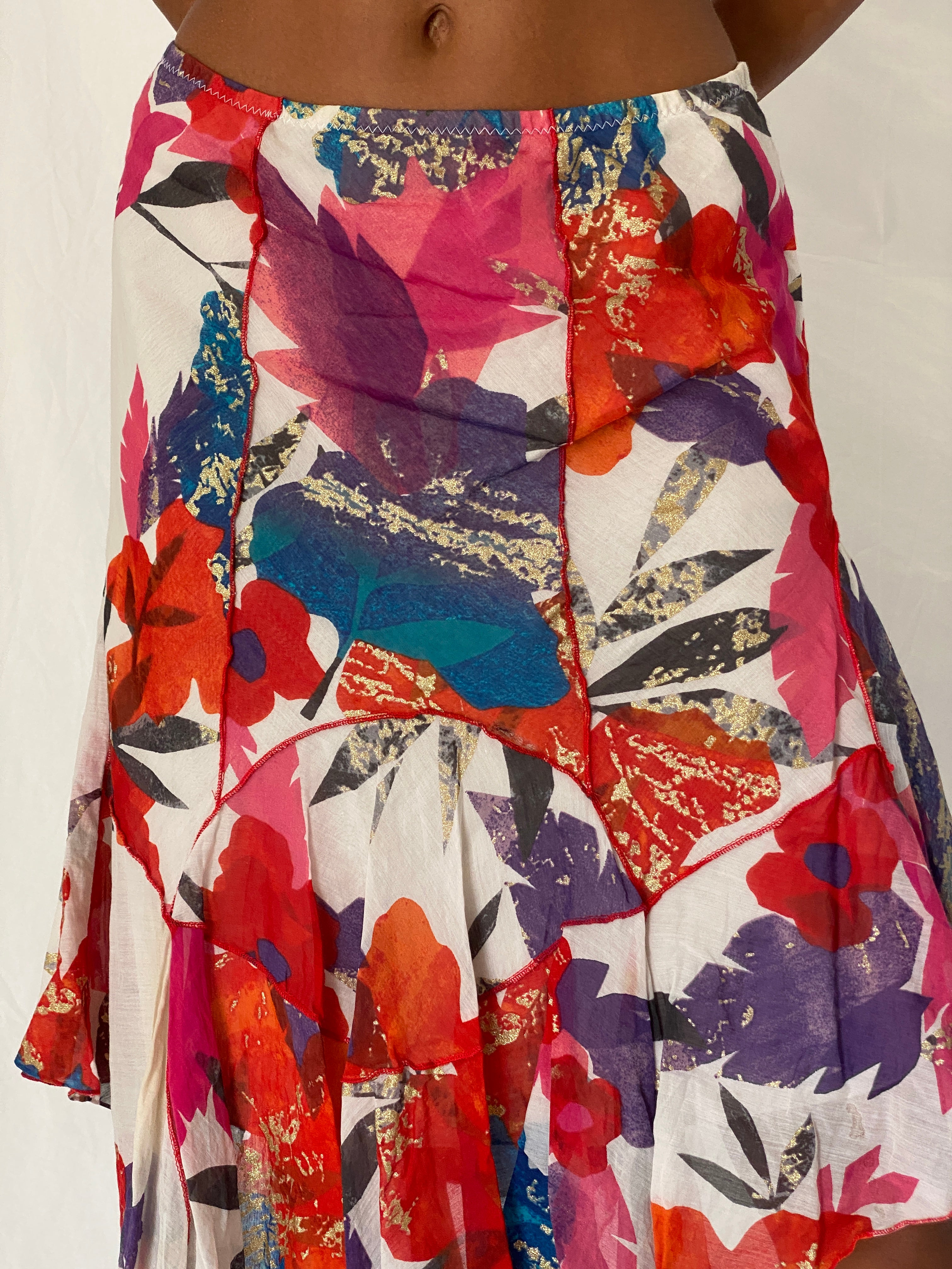 Vintage Y2K Didier Parakian Multicolor Silk Cotton Floral Asymmetric Boho Midi Skirt - M