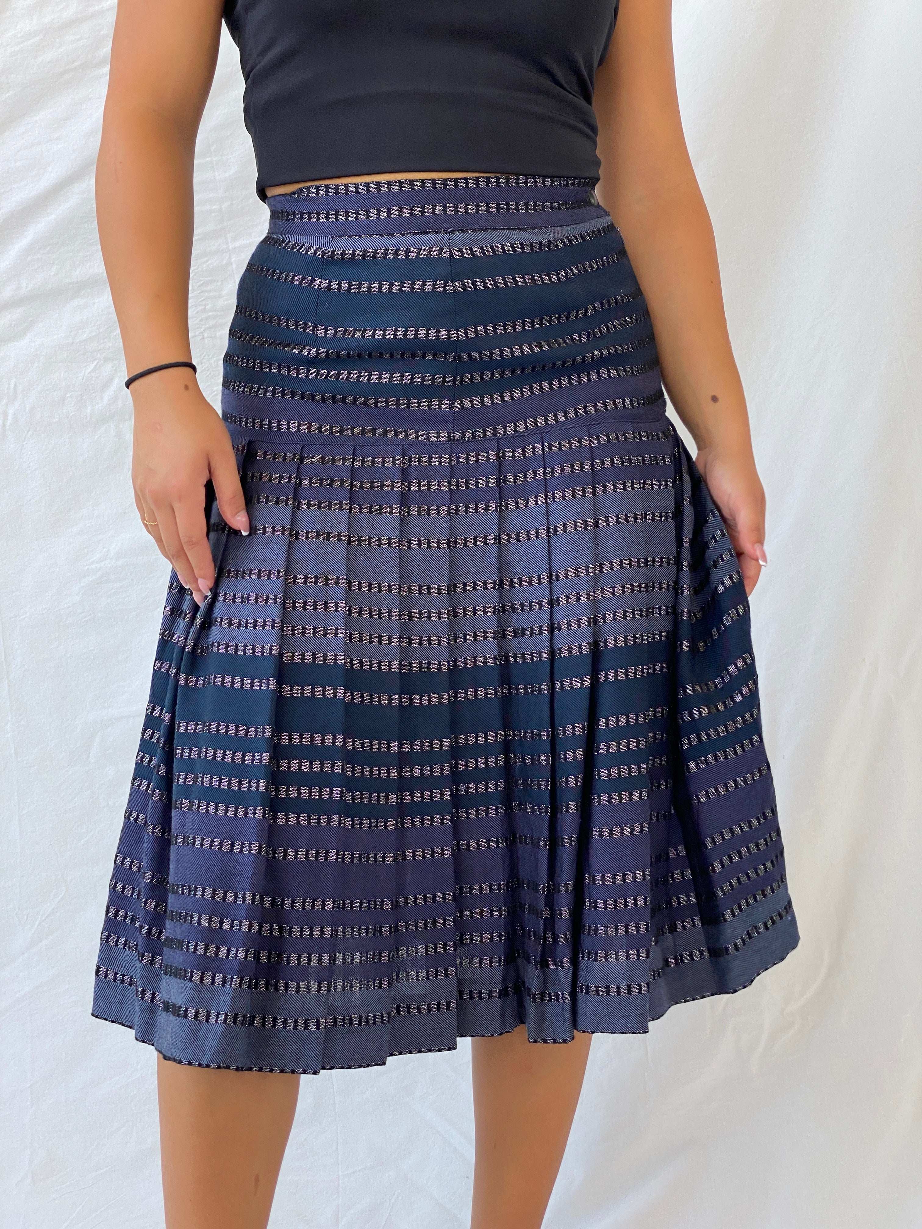 Vintage Carla Carini Blue And Black Pleated Midi Skirt - S