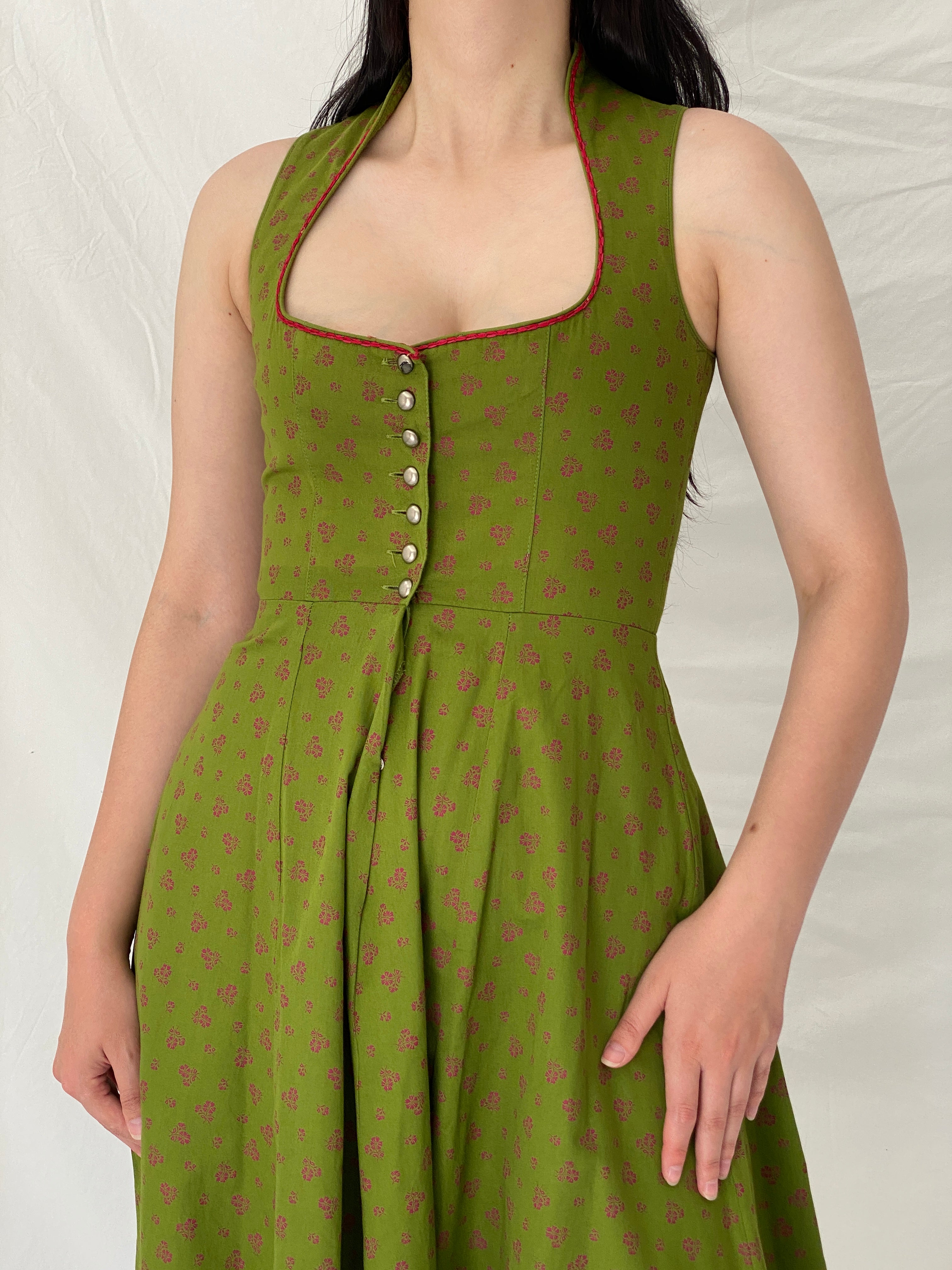 Vintage German Daller Tracht Green Cotton Floral Dirndl Folk Dress – S