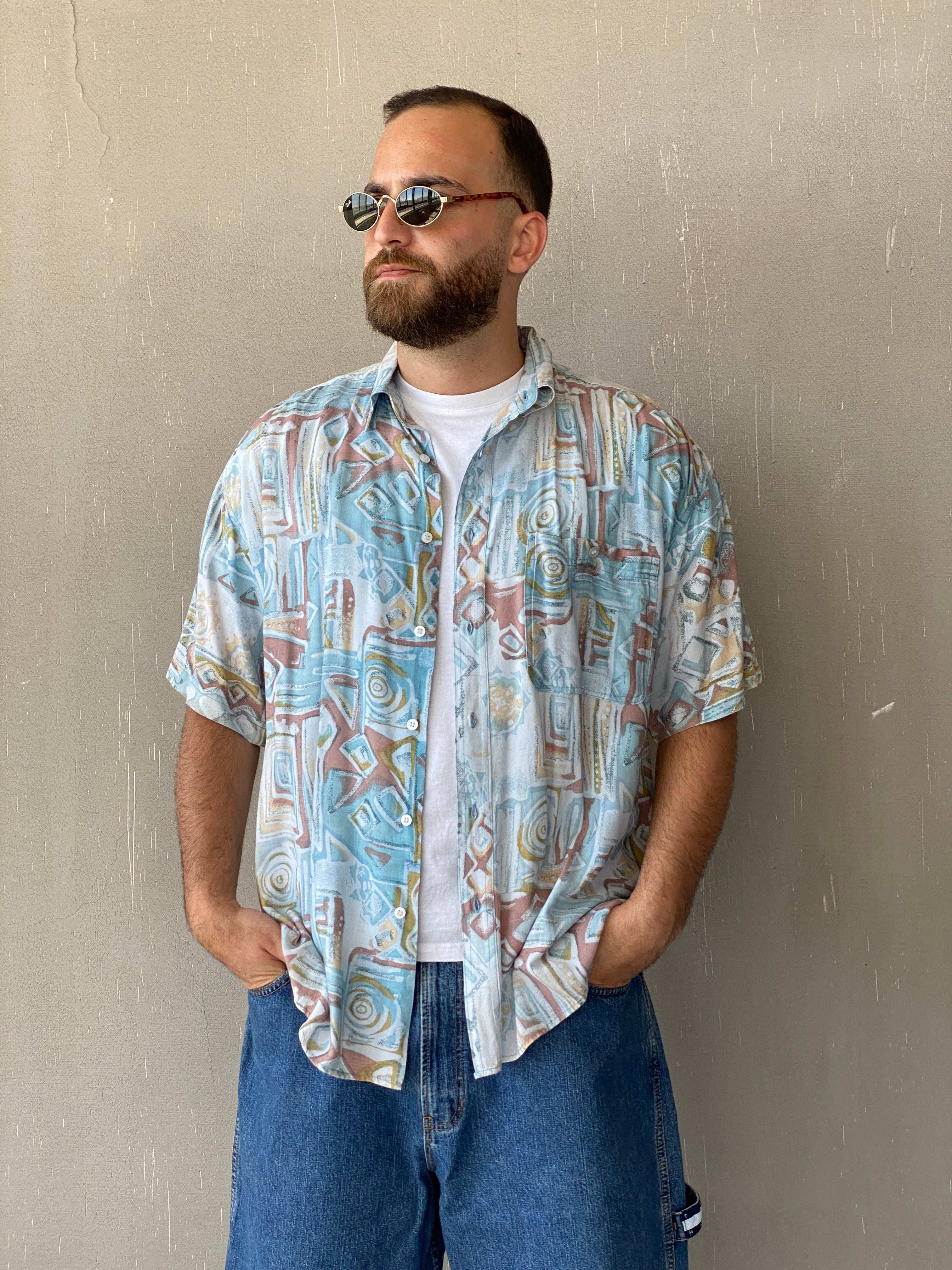 Vintage WEEKEND Pastel-Colored Printed Men’s Half-Sleeve Shirt - L - Balagan Vintage Half Sleeve Shirt 90s, half sleeve shirt, Iyad, mens shirt, NEW IN, printed shirt