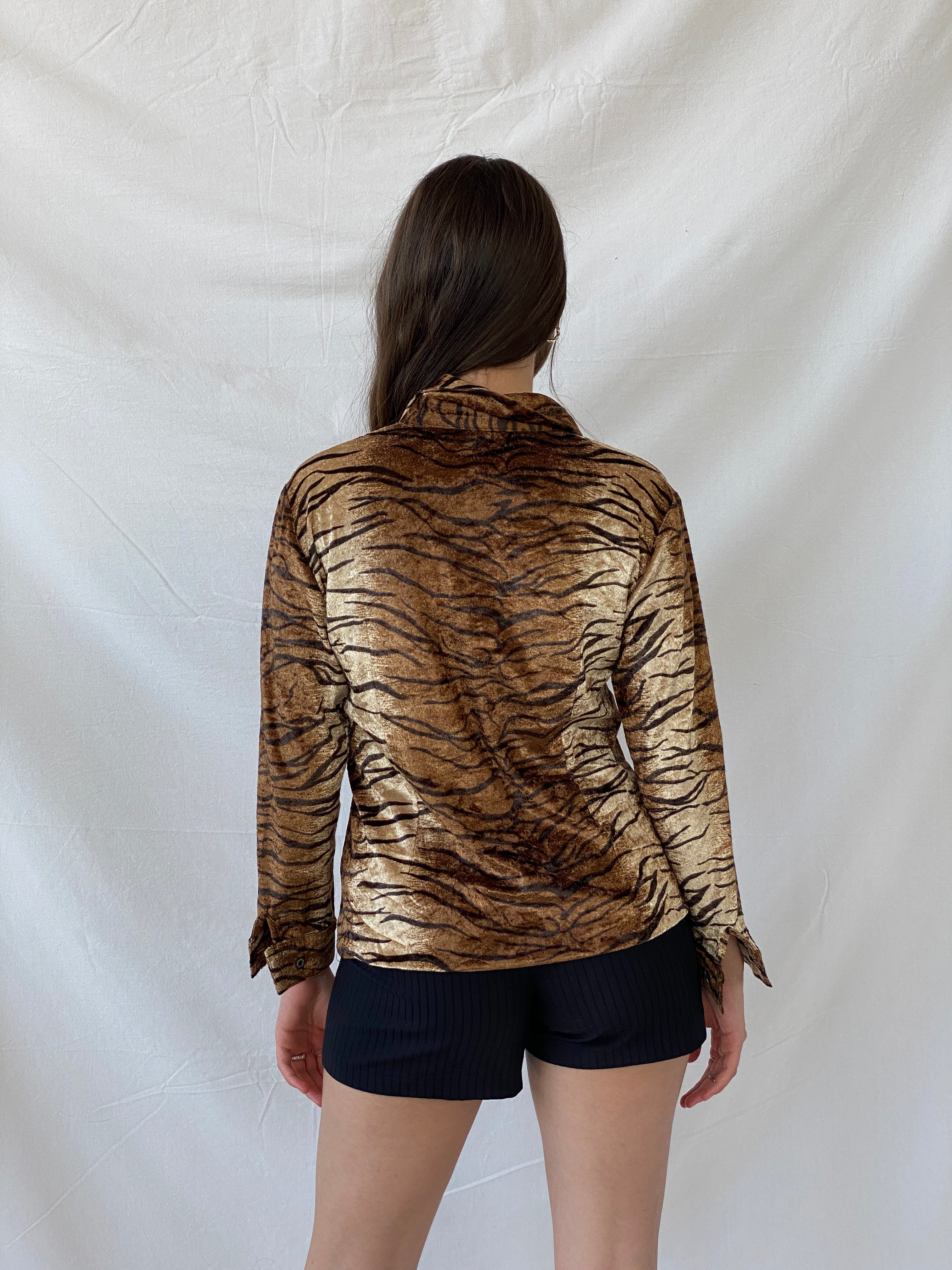 Vintage 90s Podyum Tiger Print Velvet Shirt - M