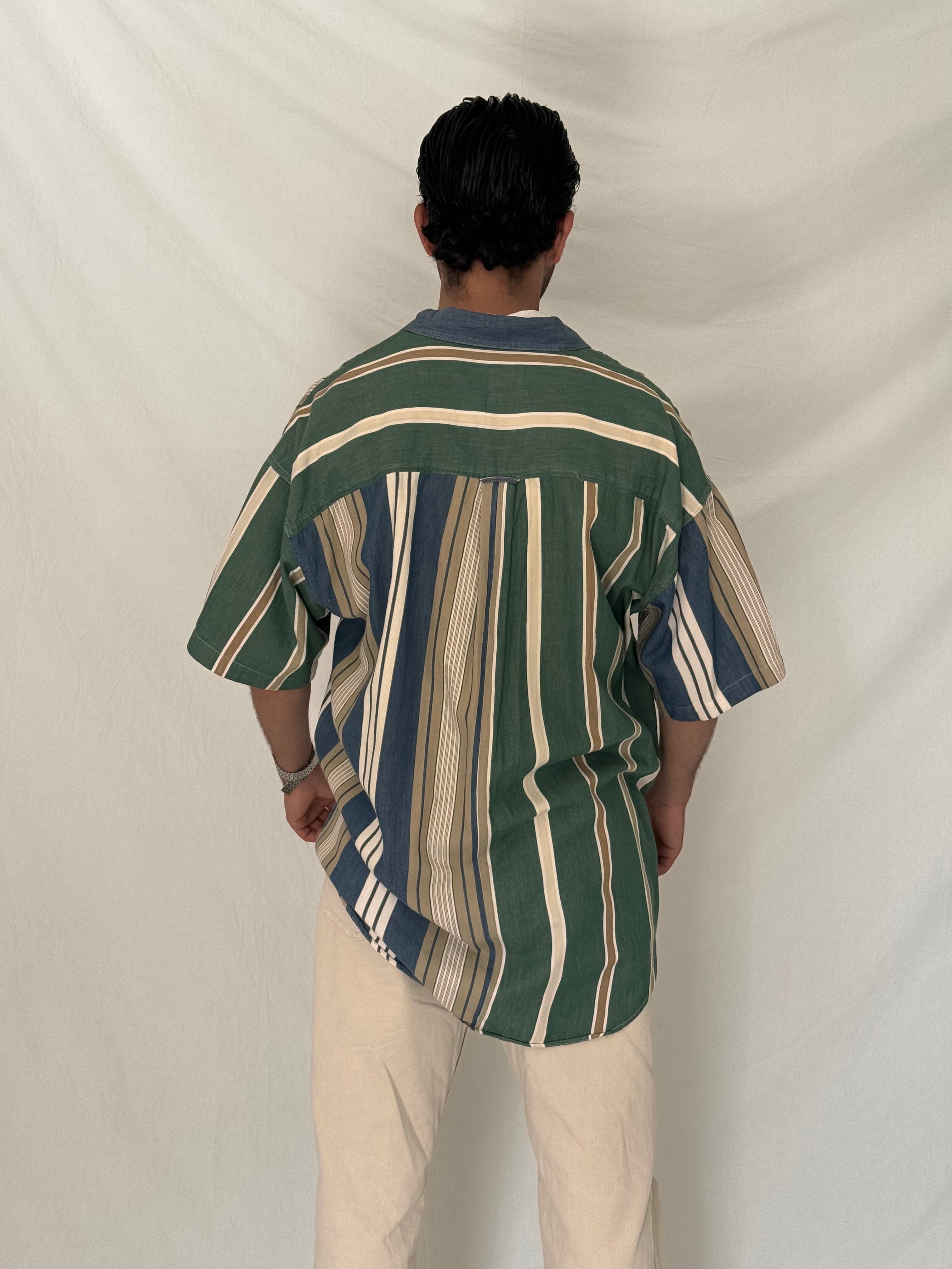 Vintage 90s Chaps Ralph Lauren Green Blue Striped Cotton Shirt