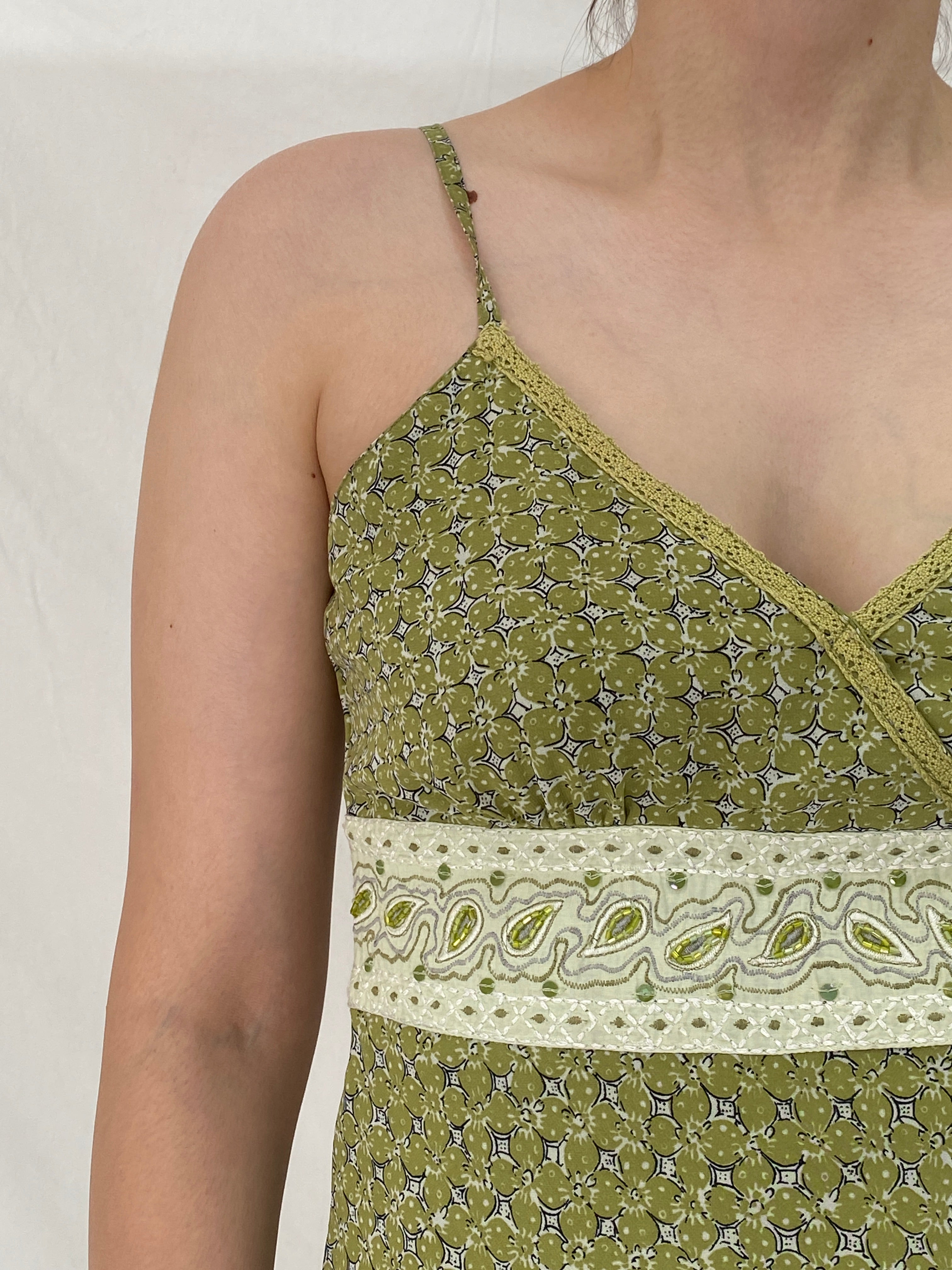 Y2K Vero Moda Olive Green Paisley Floral Beaded Midi Dress – M