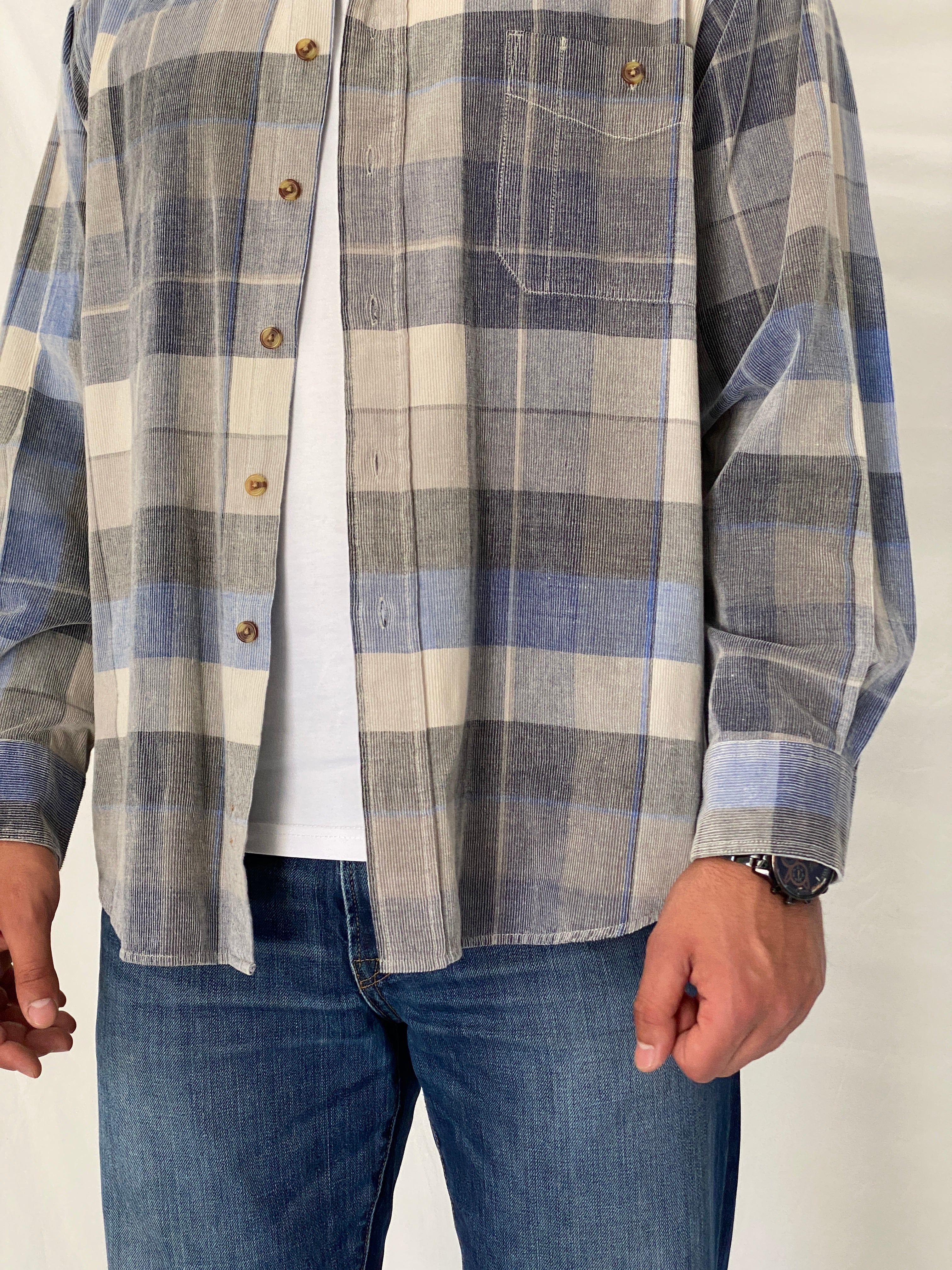 Vintage Basic Options Blue & Gray Plaid Corduroy Cotton Men’s Shirt - L