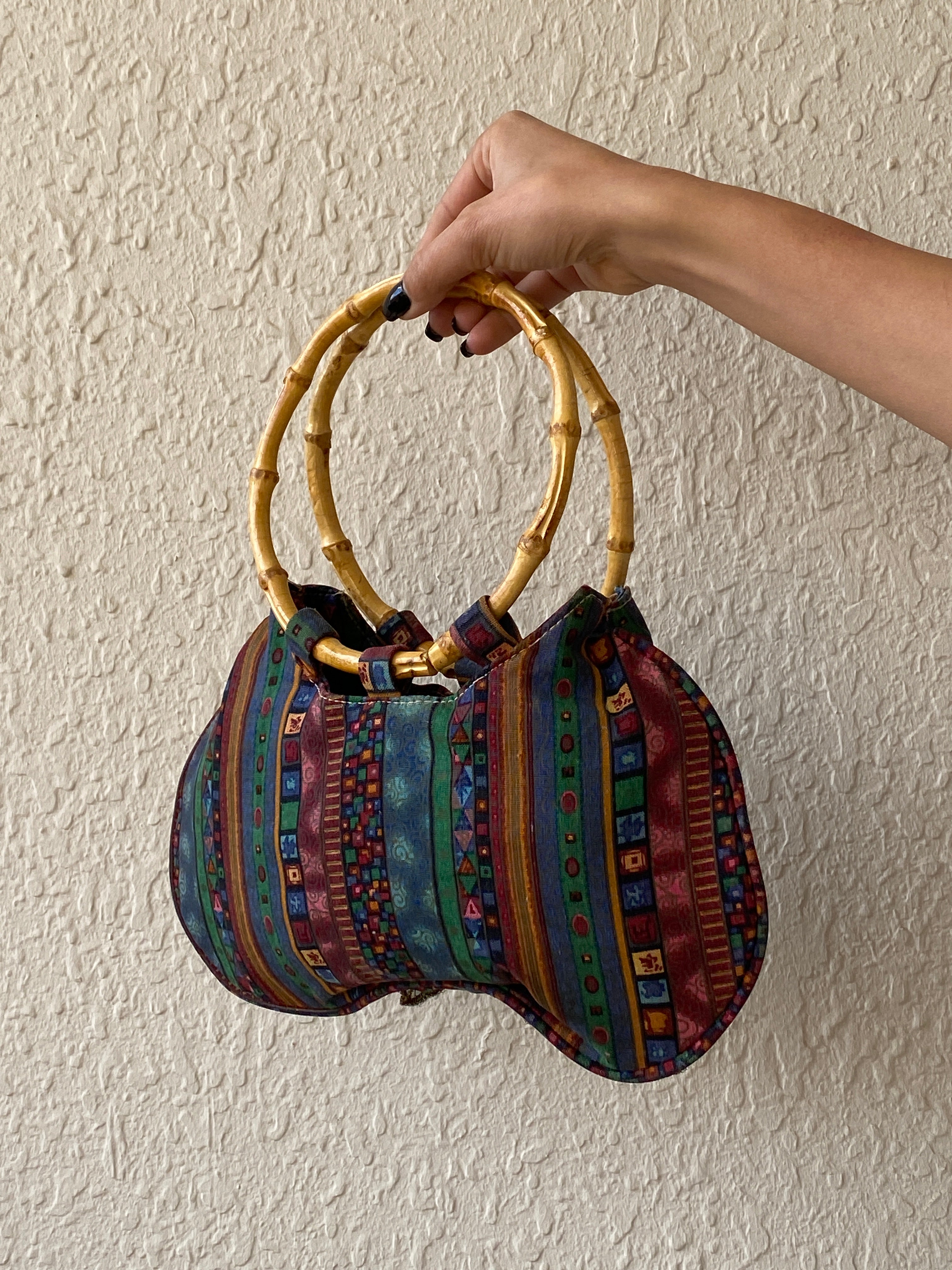 Vintage Boho Embellished Mini Handbag with Bamboo Ring Handles