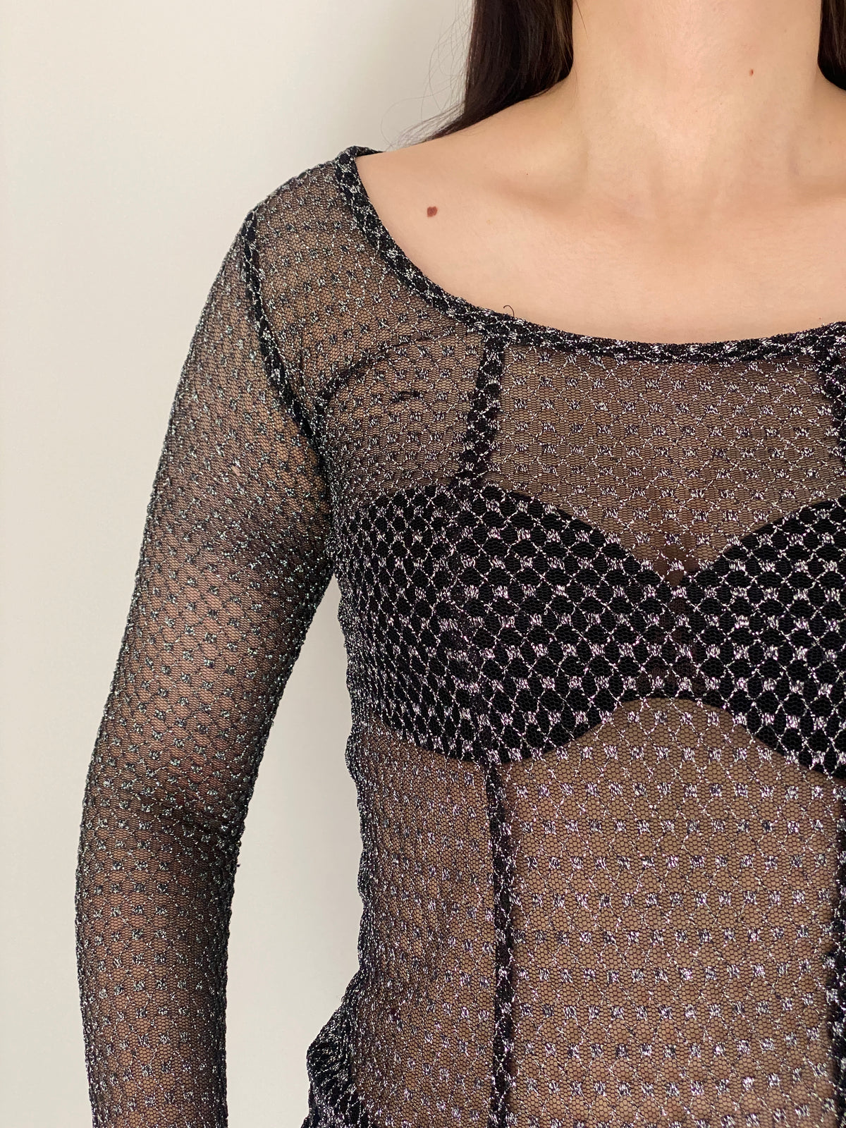 Vintage Y2K Black & Silver Metallic Crochet Mesh Sheer Grunge Top – S